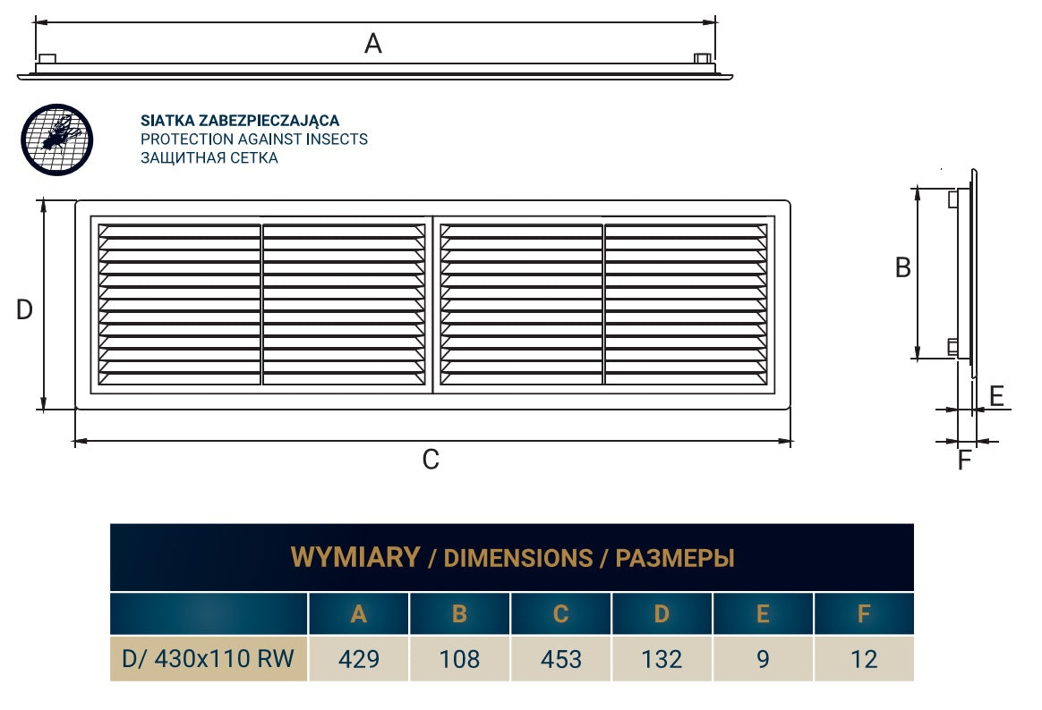 White Louvre Vent with Fly Screen, 430mm x 110mm