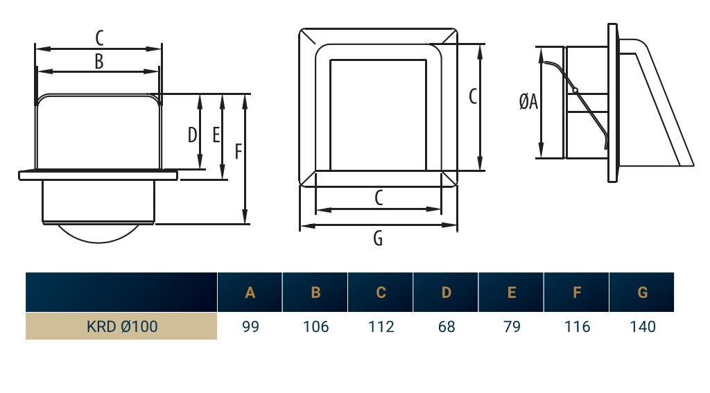 Grey External Louvre Vent with Hood, 100mm x 100mm
