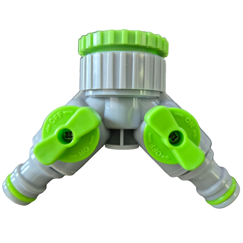 Double Outlet Tap Splitter with Valves, Green & Grey