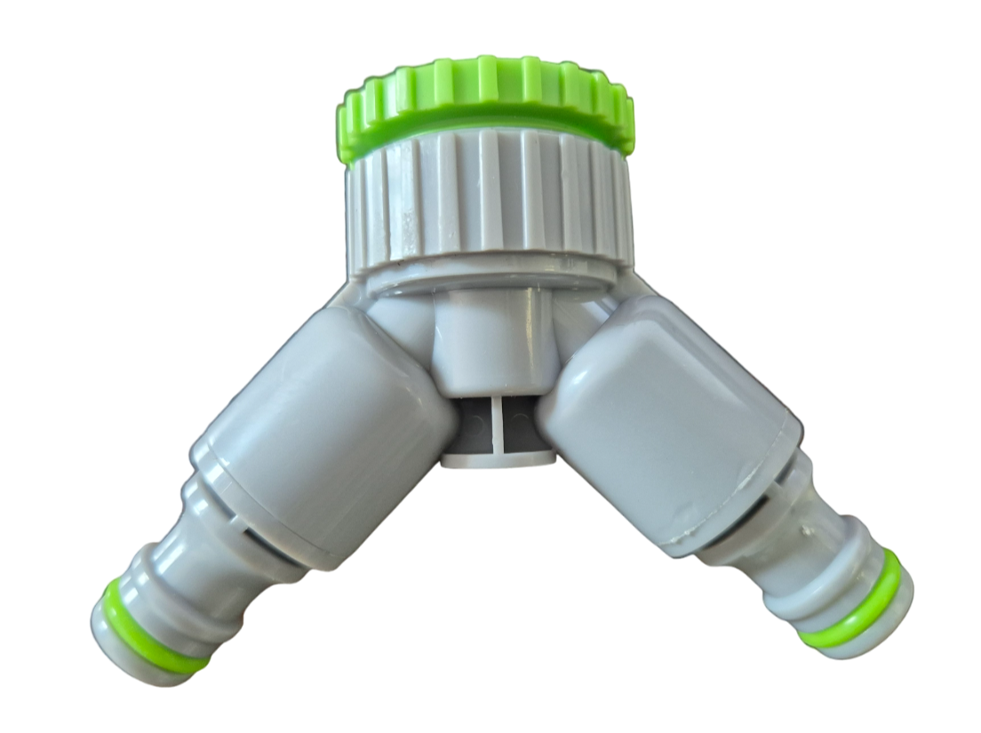 Double Outlet Tap Splitter with Valves, Green & Grey