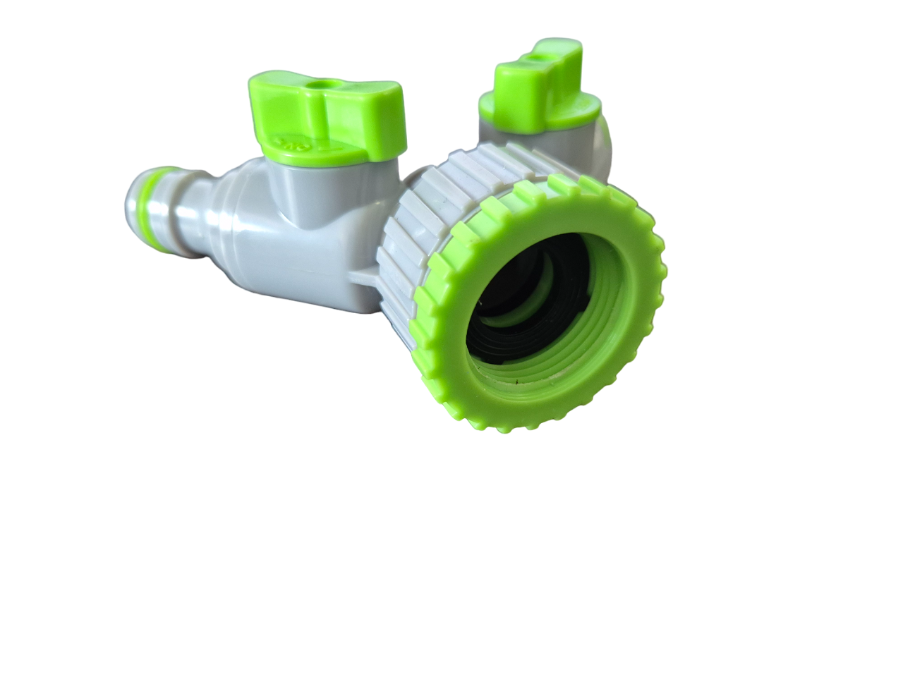 Double Outlet Tap Splitter with Valves, Green & Grey