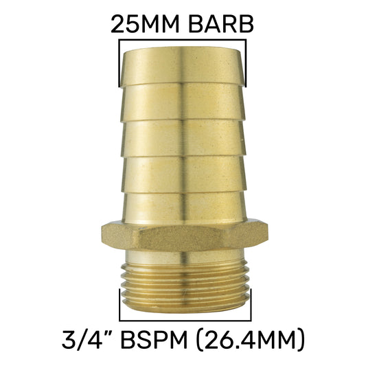Brass 25mm Barbed Joiner with 3/4" BSP Male Thread