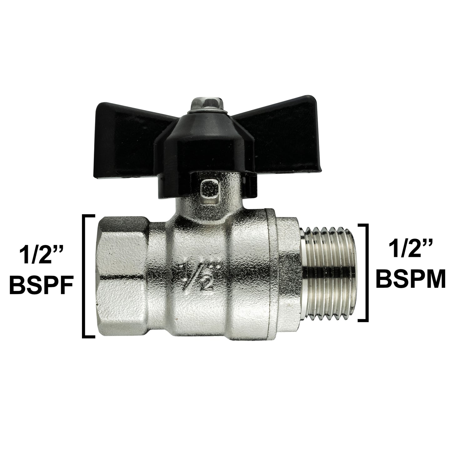 Male to Female Nickel Plated Brass Butterfly Valve, 1/2"