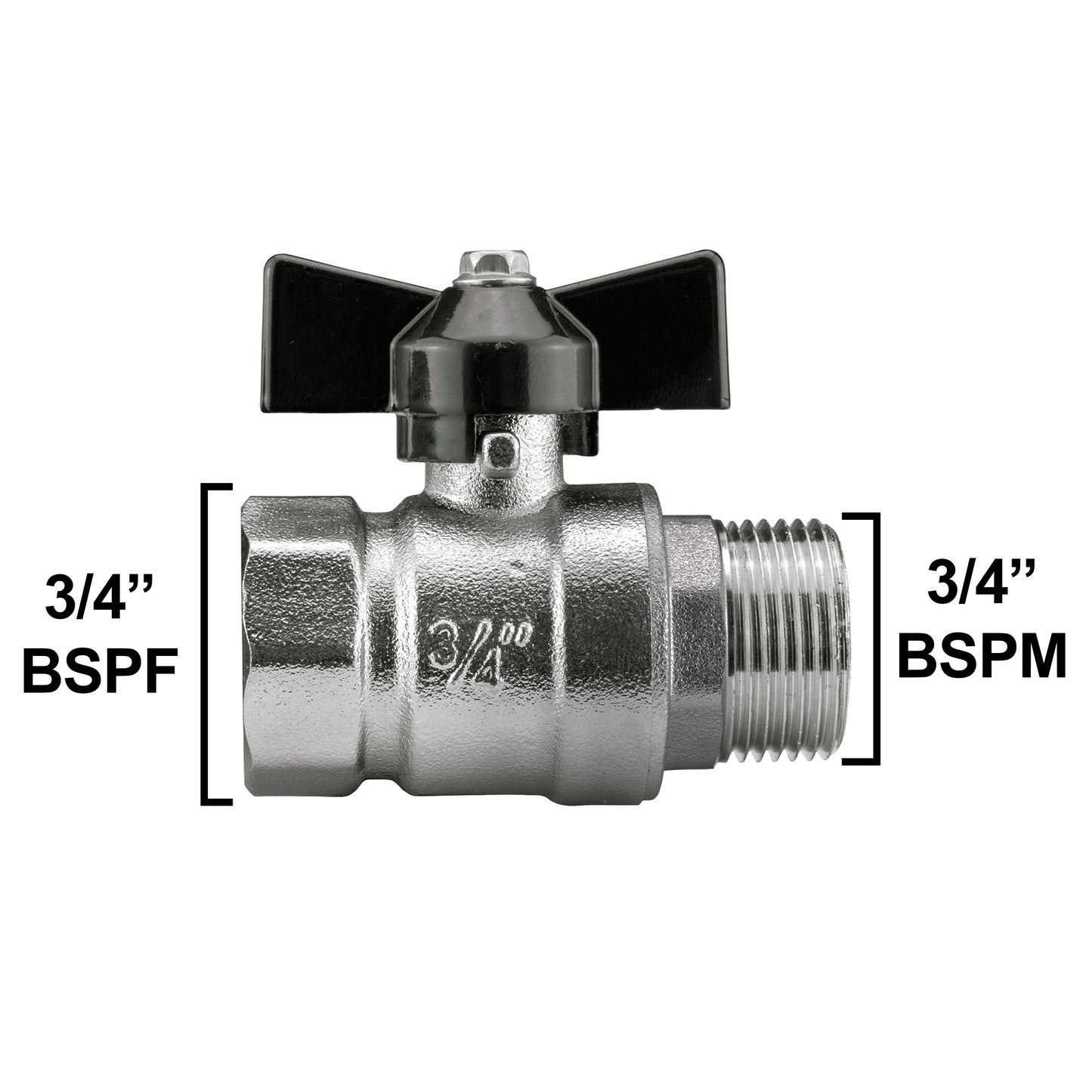 Male to Female Nickel Plated Zinc Butterfly Valve, 3/4"