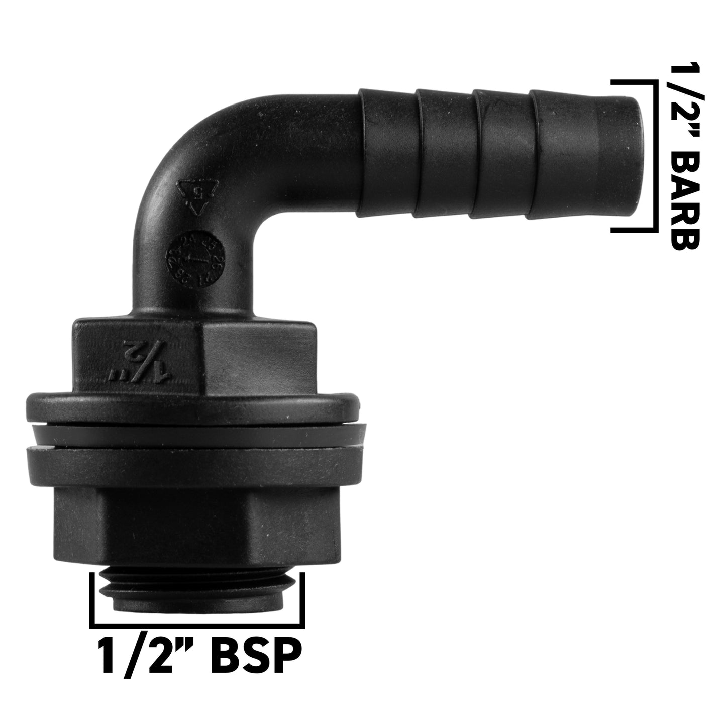Water Butt 90° Overflow Elbow with Nut & Washer, 1/2"