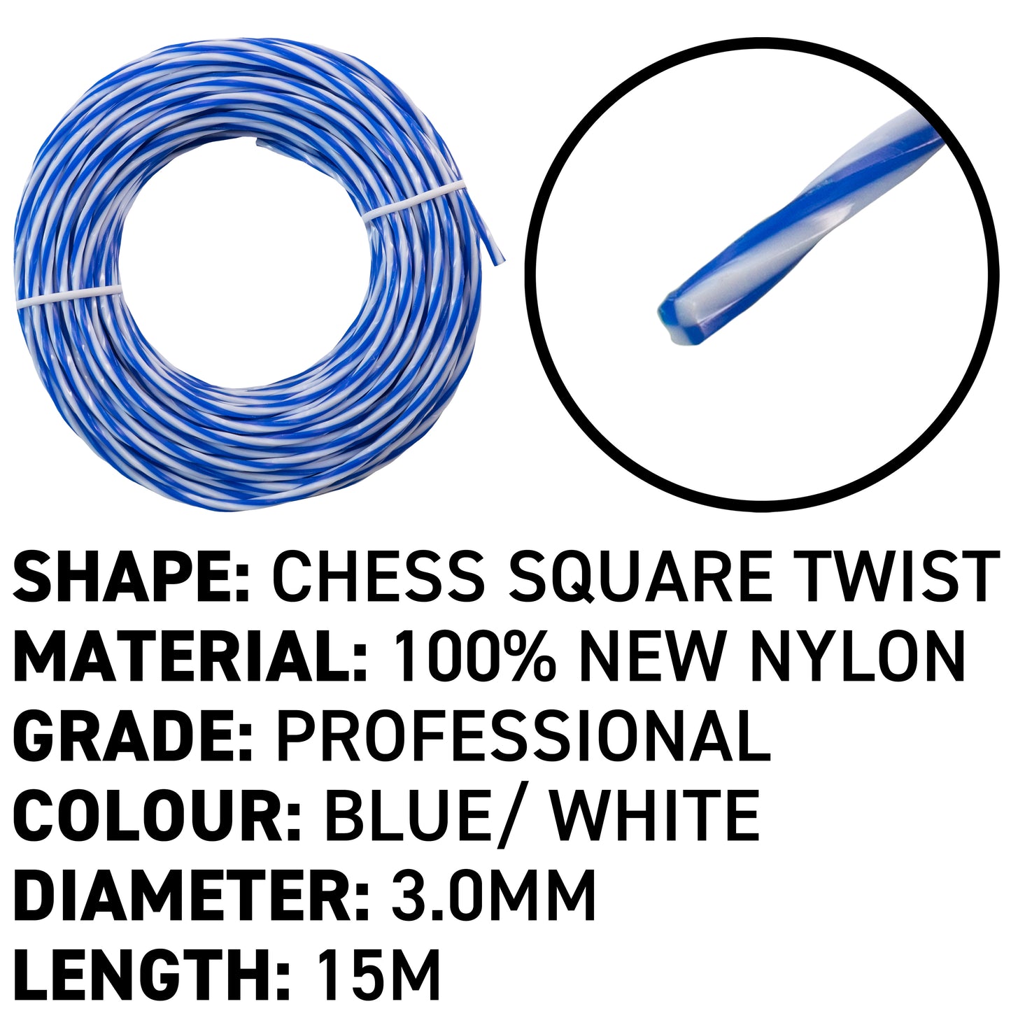15m Dual Core Twisted Blue Chess Trimmer Line, 3mm