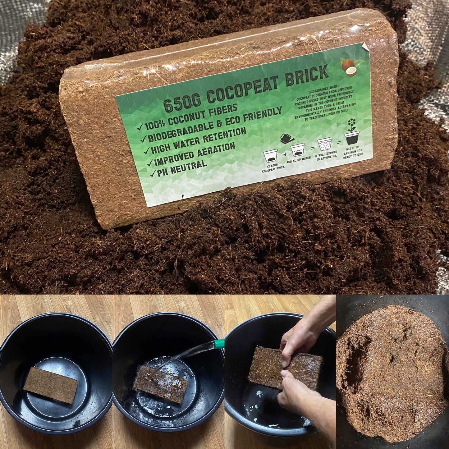 Organic Coconut Coir Fibre Natural Compost Brick, 650g
