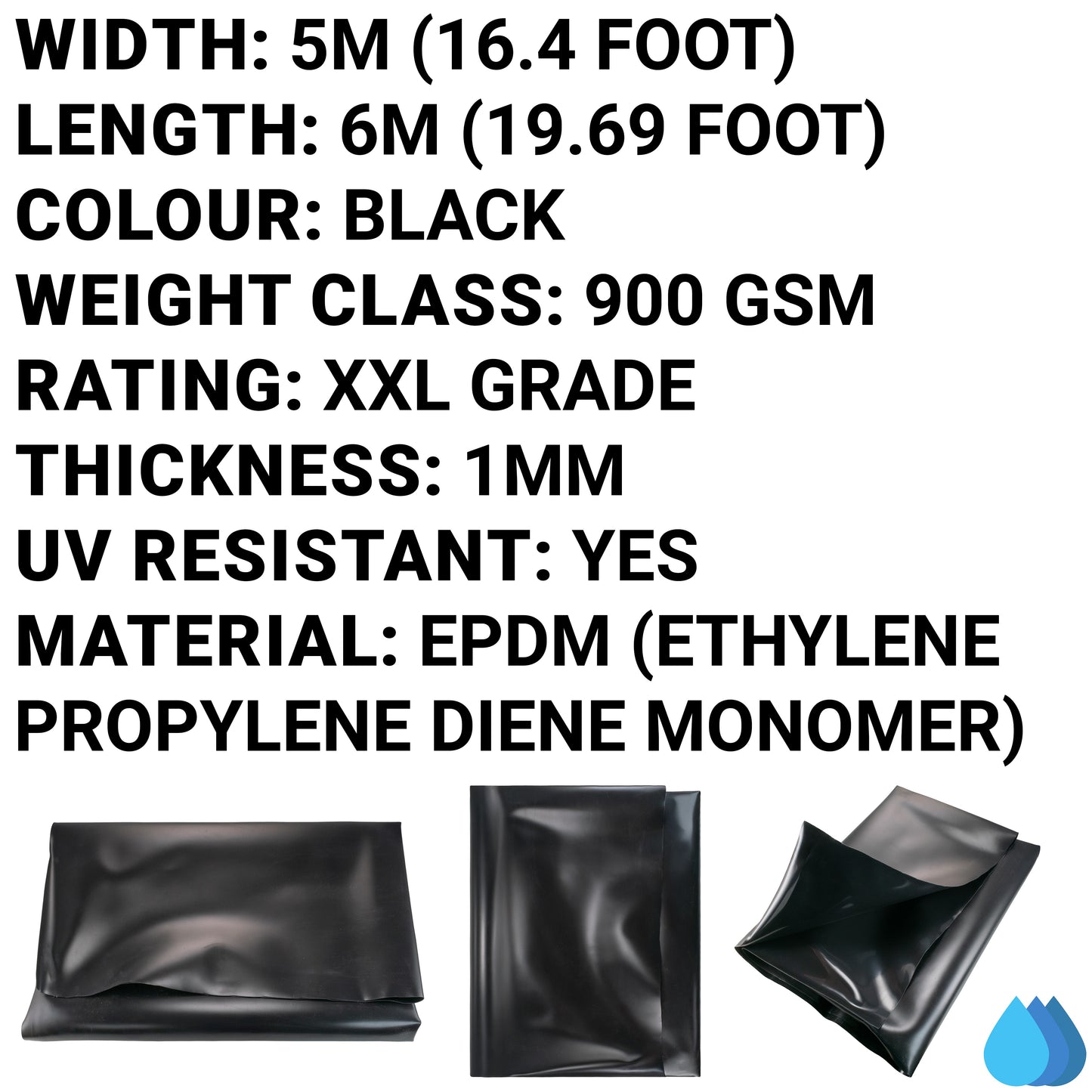 5m x 6m EPDM Rubber Pond Liner, 900 GSM