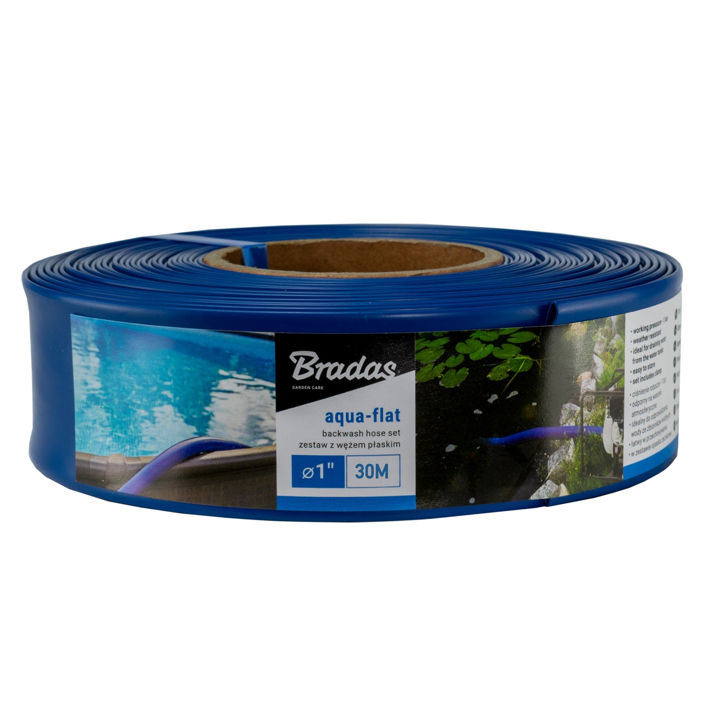 30m Bradas Lay Flat Aqua Hose with Clip, 1"