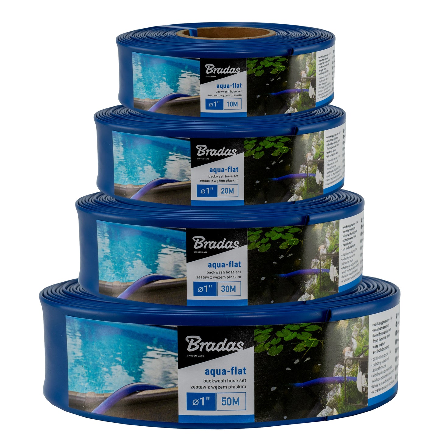 10m Bradas Lay Flat Aqua Hose with Clip, 1"
