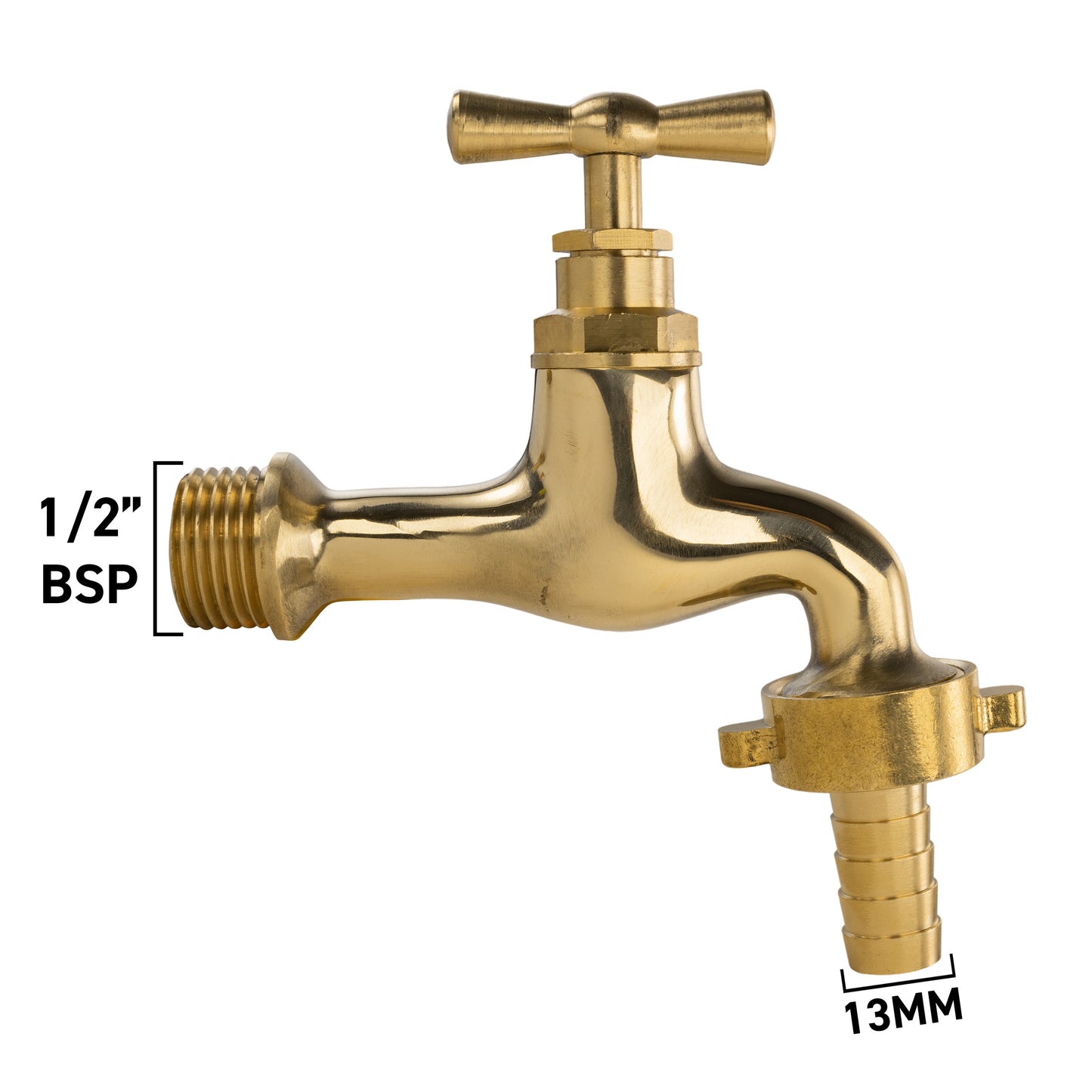 Polished Brass Barbed Bib Tap, 1/2" BSP x 13mm