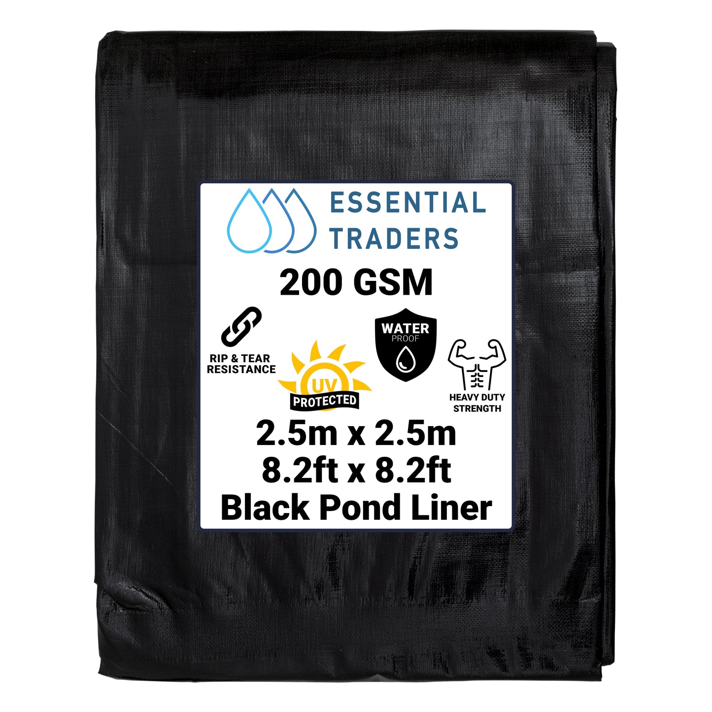 2.5m x 2.5m Black Pond Liner, L-Grade 200 GSM