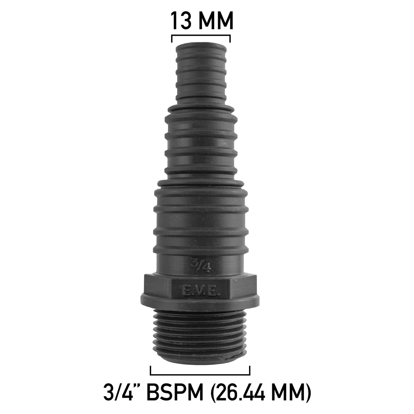 Stepped Barbed Connector for 13mm/ 20mm/ 25mm Hose, 3/4" BSPM