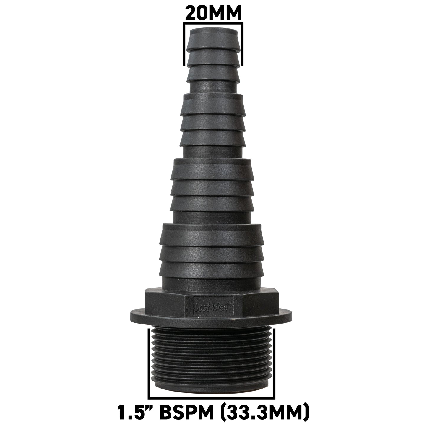 Stepped Barbed Connector for 20mm/ 25mm/ 32mm/ 40mm Hose, 1.5" BSPM