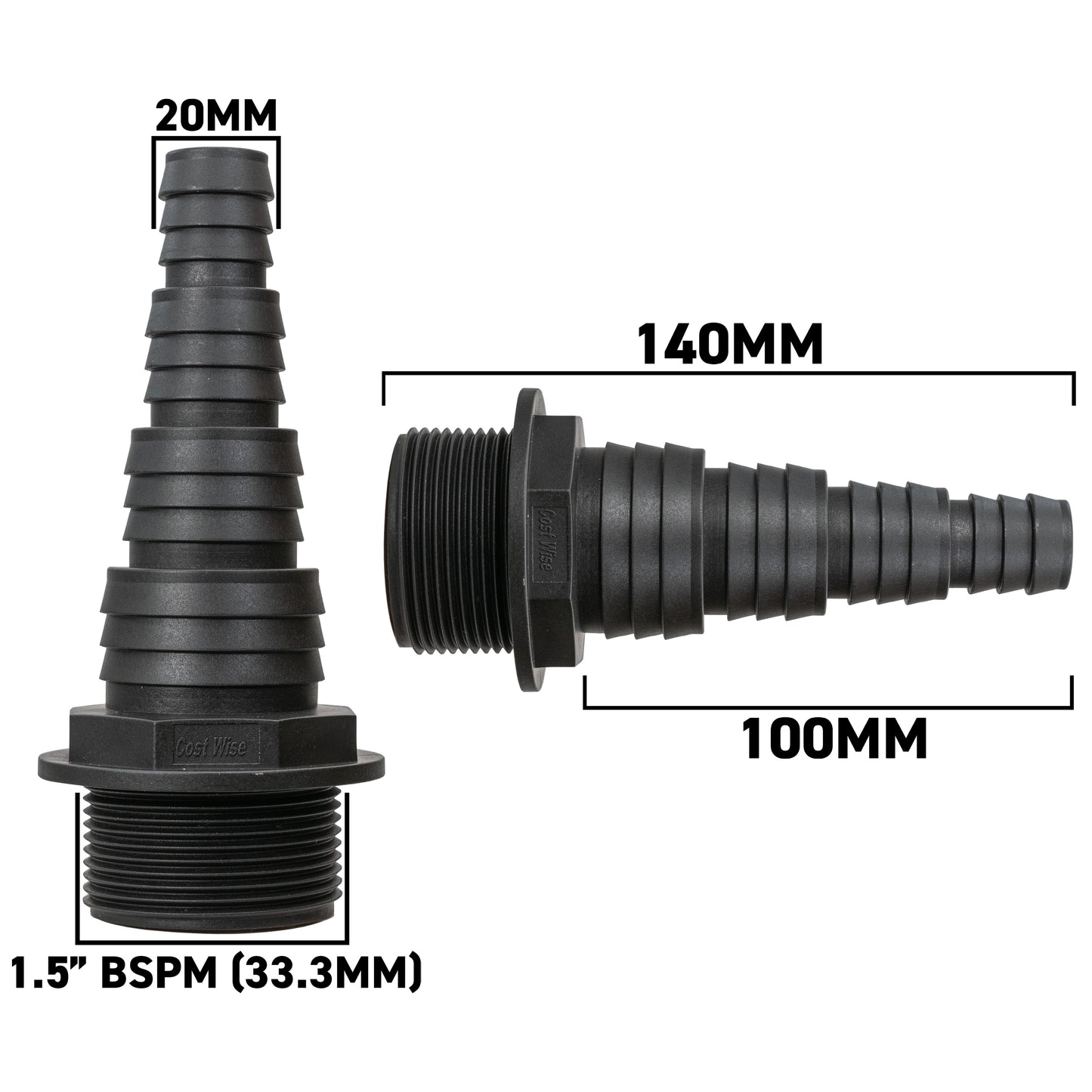 Stepped Barbed Connector for 20mm/ 25mm/ 32mm/ 40mm Hose, 1.5" BSPM