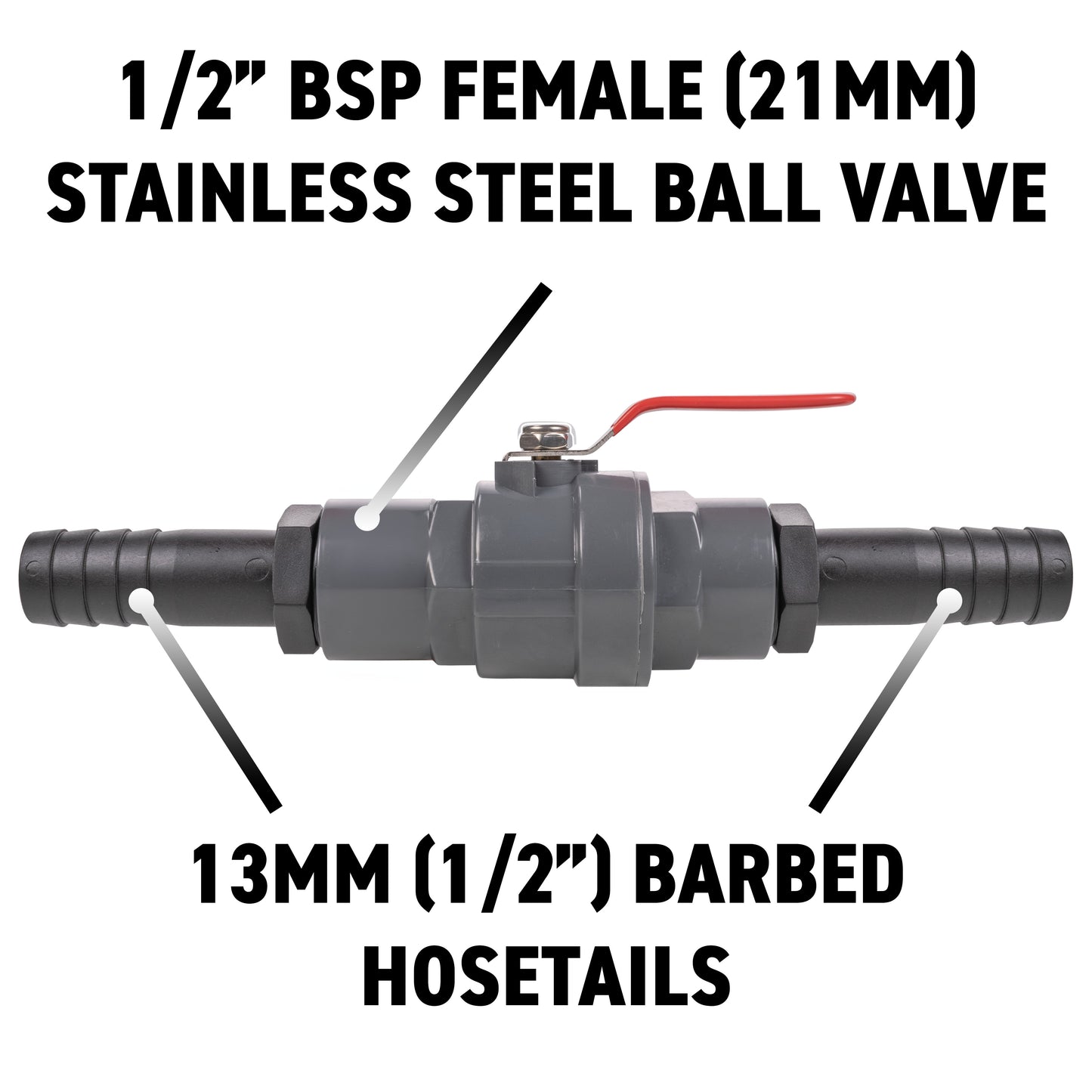 Stainless Steel Ball PP Valve & Barbed Outlet, 1/2"