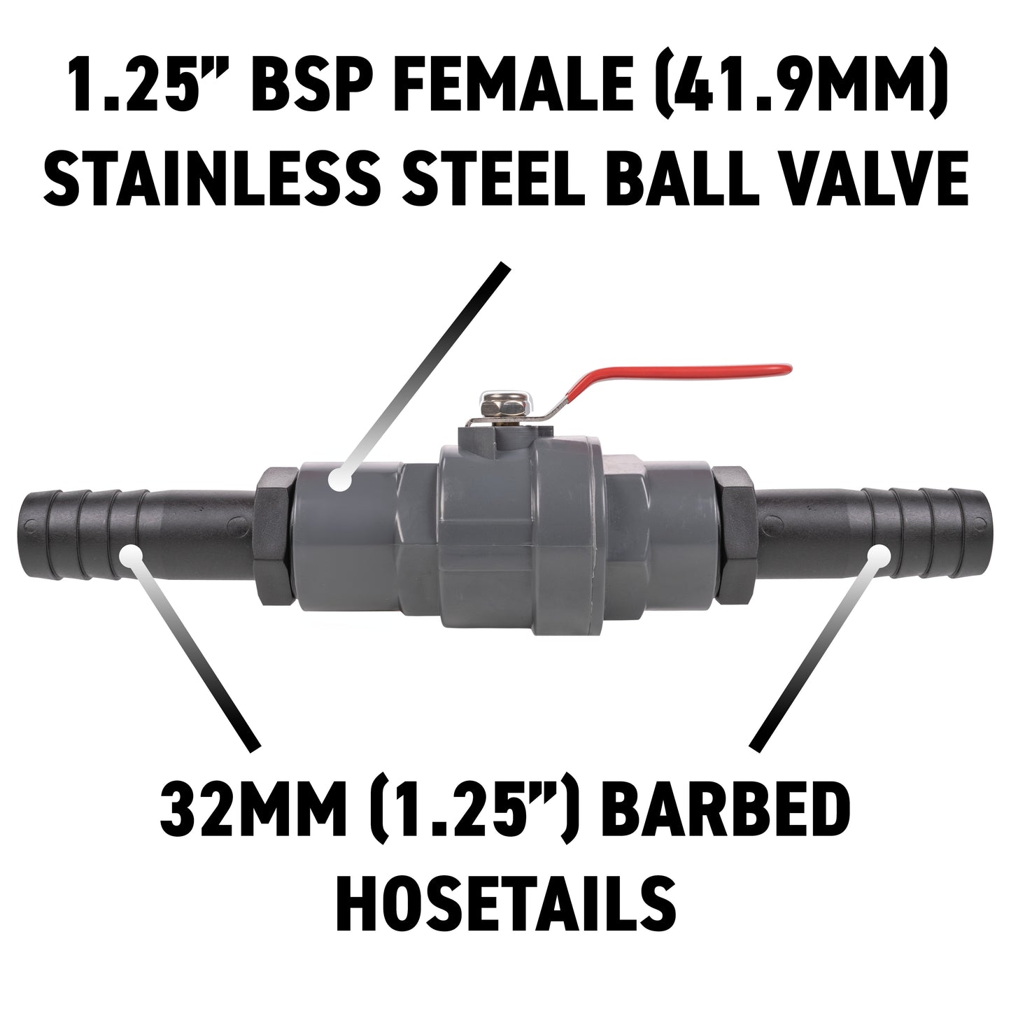 Stainless Steel Ball PP Valve & Barbed Outlet, 1.25"