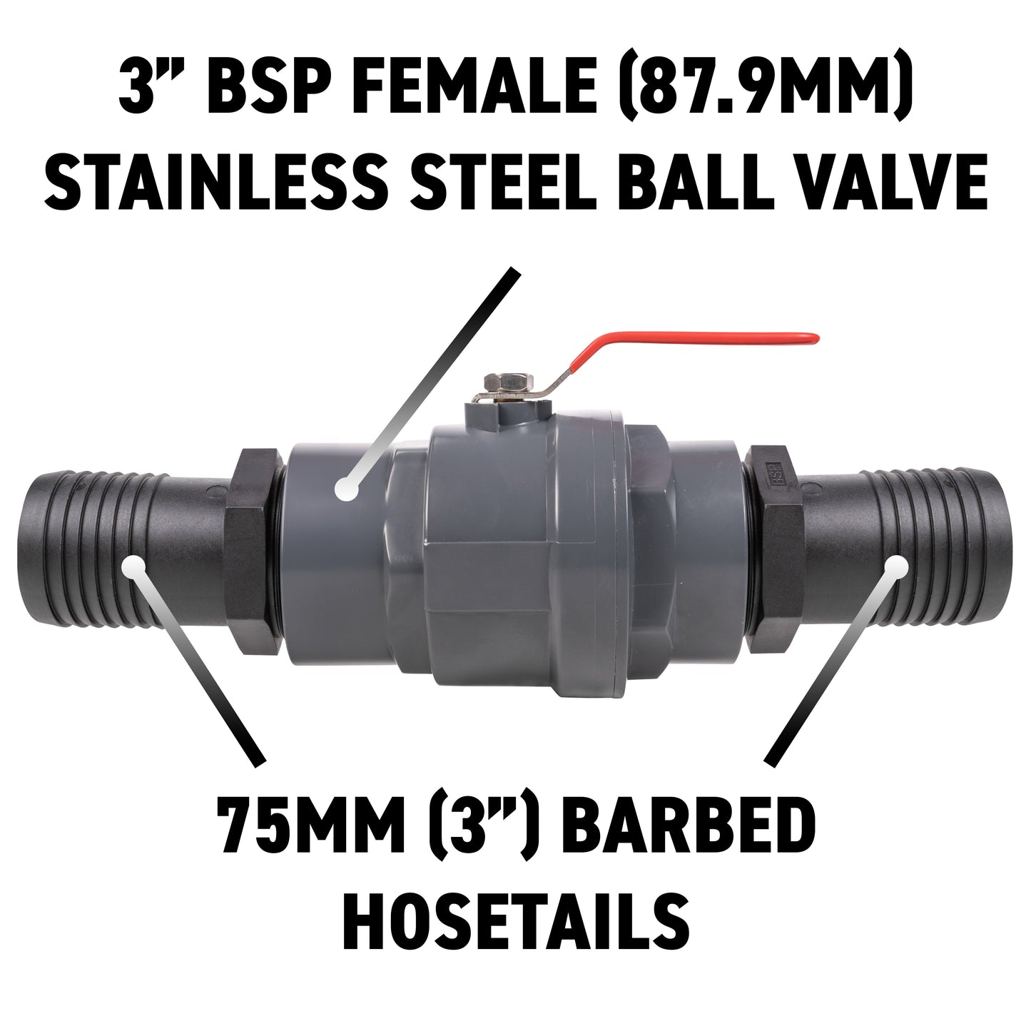 Stainless Steel Ball PP Valve & Barbed Outlet, 3"