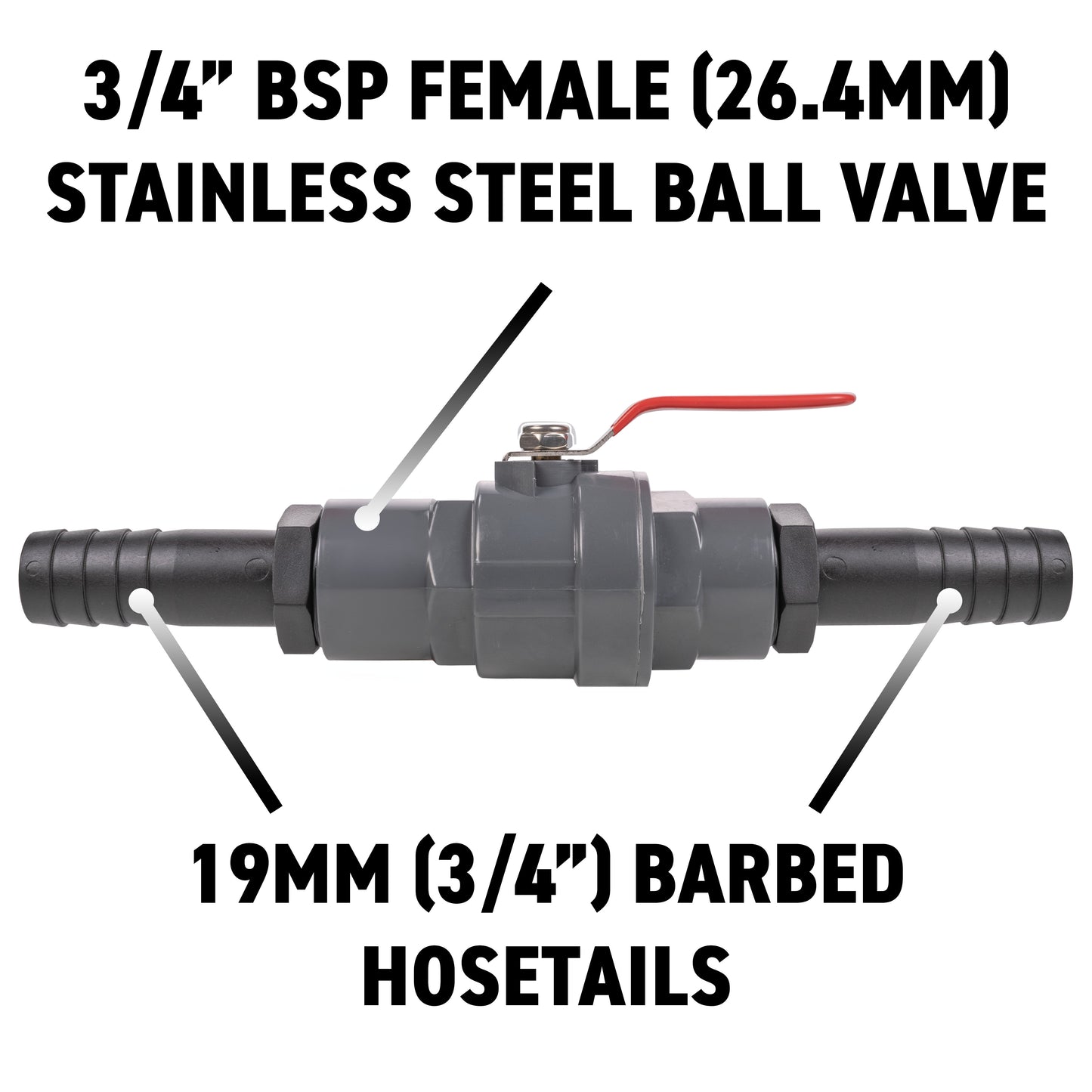 Stainless Steel Ball PP Valve & Barbed Outlet, 3/4"