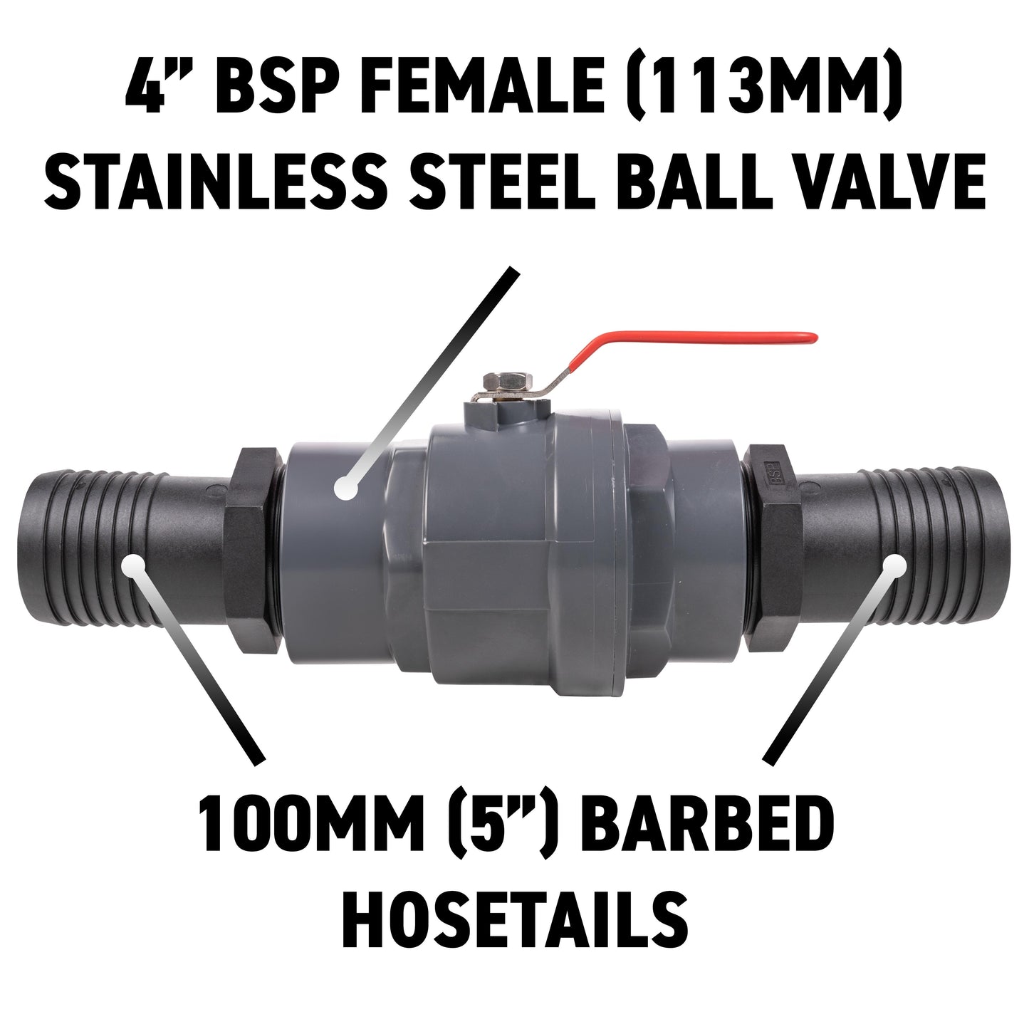 Stainless Steel Ball PP Valve & Barbed Outlet, 4"