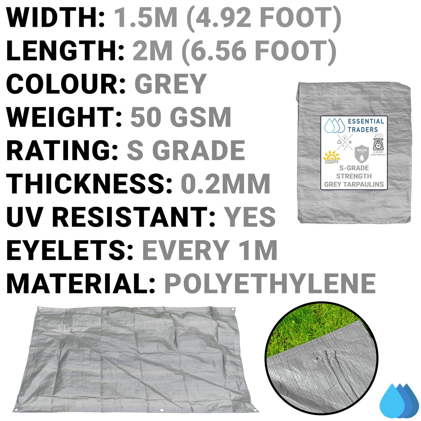 1.5m x 2m Grey Tarpaulins, S-Grade 50 GSM