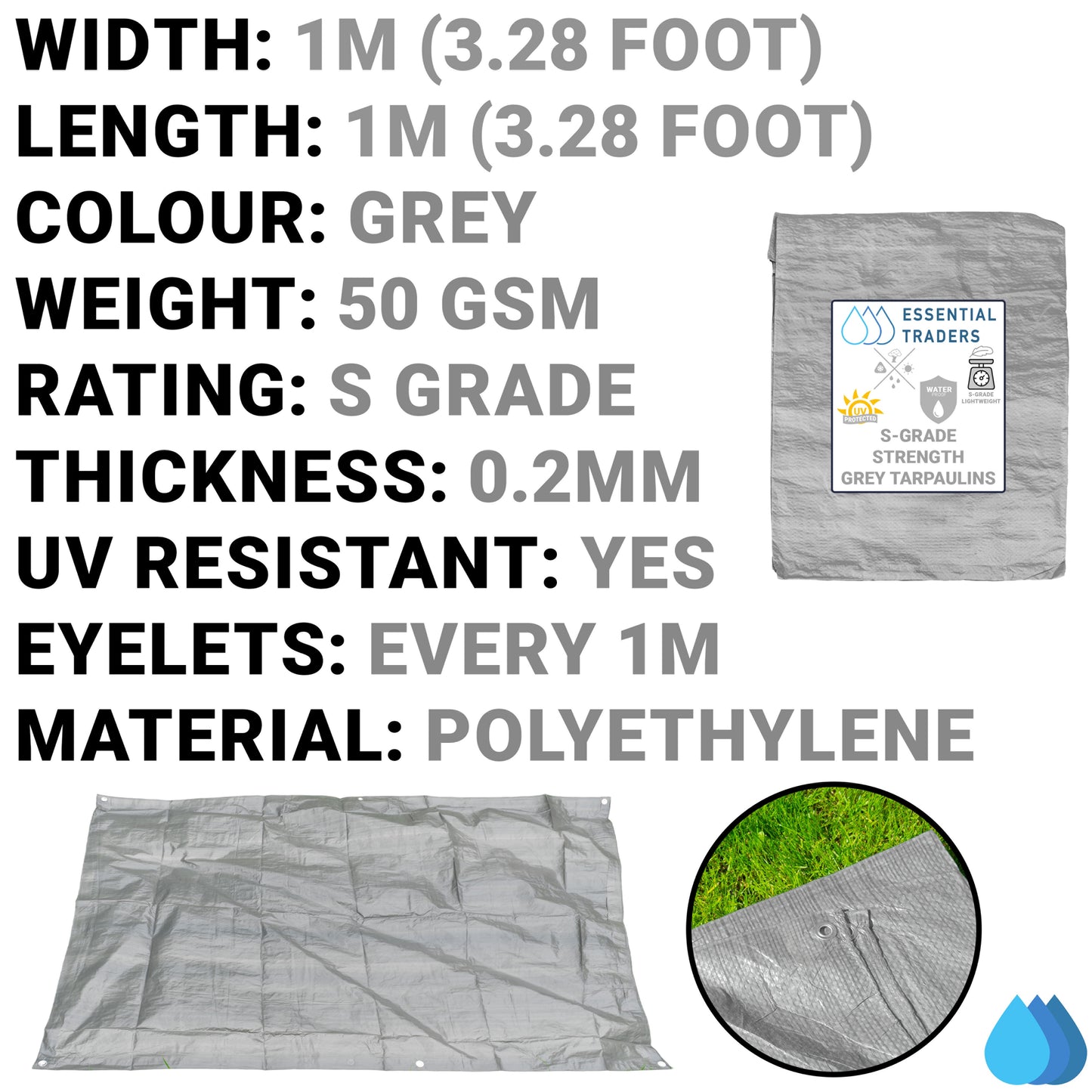 1m x 1m Grey Tarpaulins, S-Grade 50 GSM