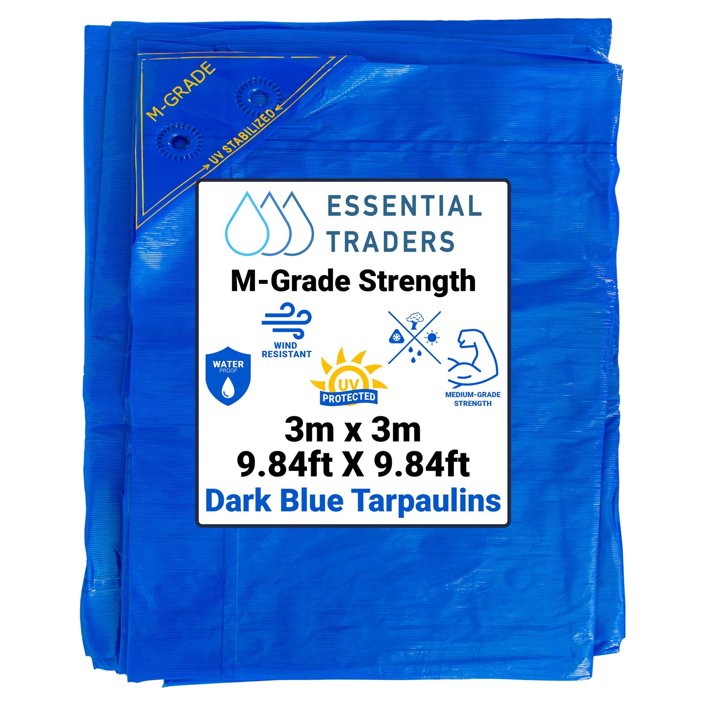 3m x 3m Blue LLDPE Tarpaulins, M-Grade 100 GSM
