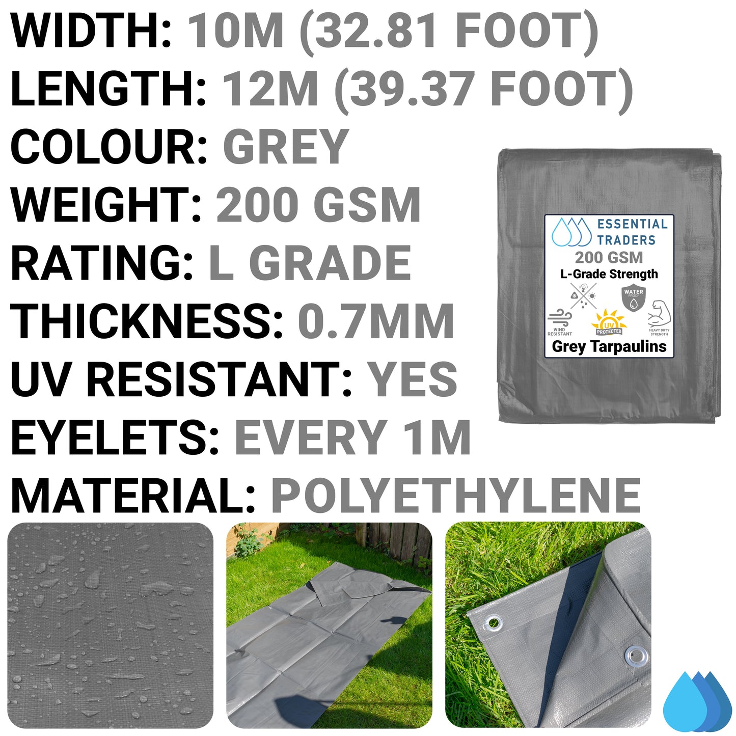 10m x 12m Grey Tarpaulins, L-Grade 200 GSM