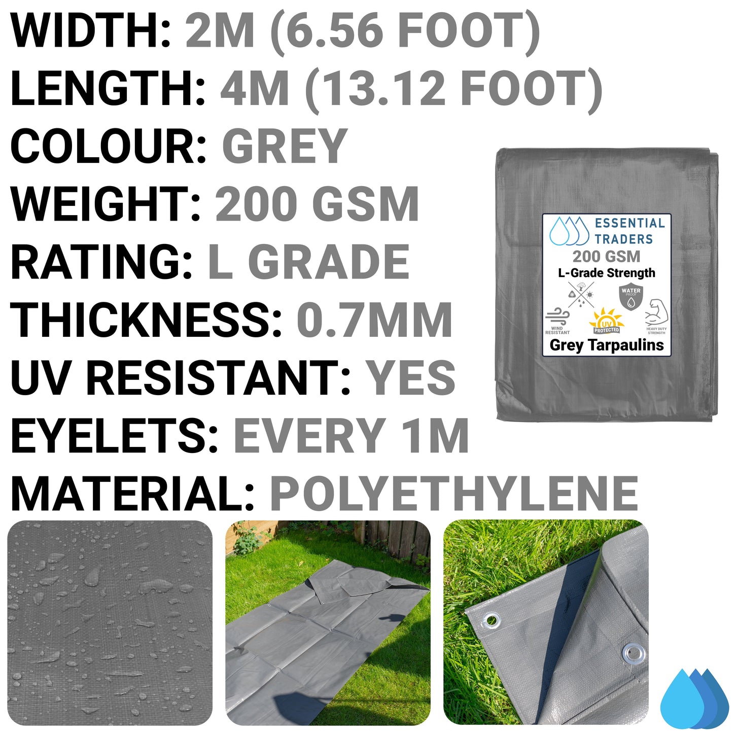2m x 4m Grey Tarpaulins, L-Grade 200 GSM