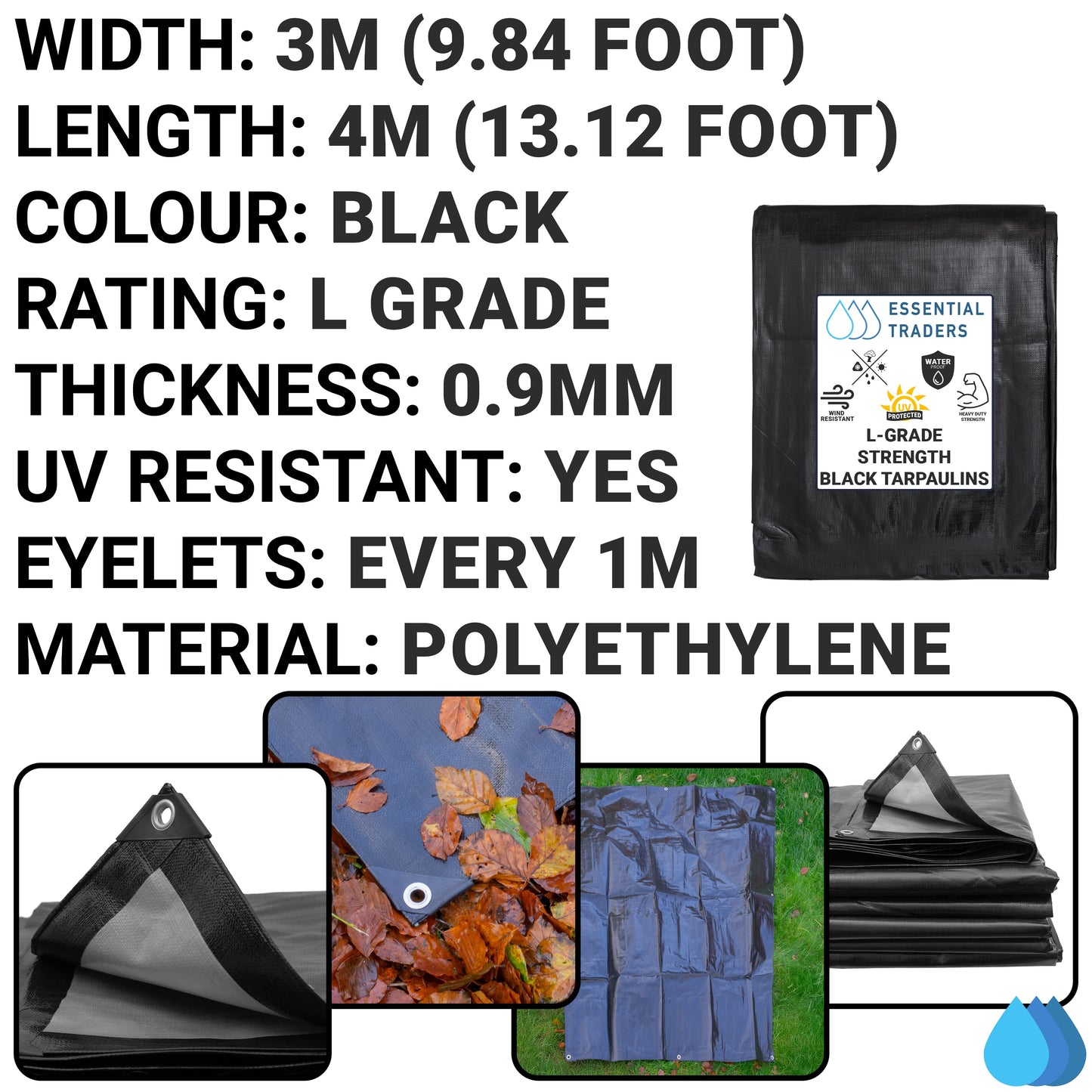 3m x 4m Black & Silver Tarpaulins, L-Grade 220 GSM