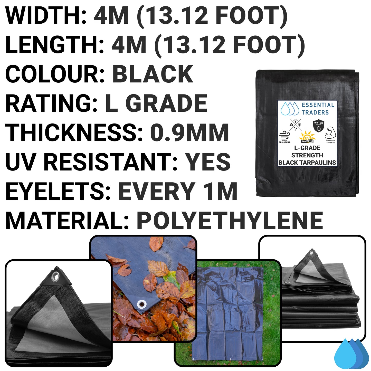 4m x 4m Black & Silver Tarpaulins, L-Grade 220 GSM
