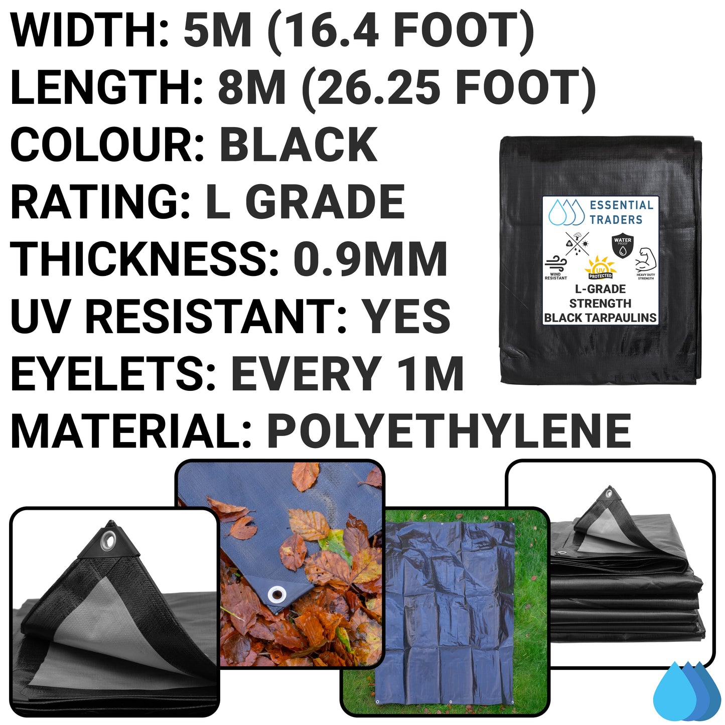 5m x 8m Black & Silver Tarpaulins, L-Grade 220 GSM