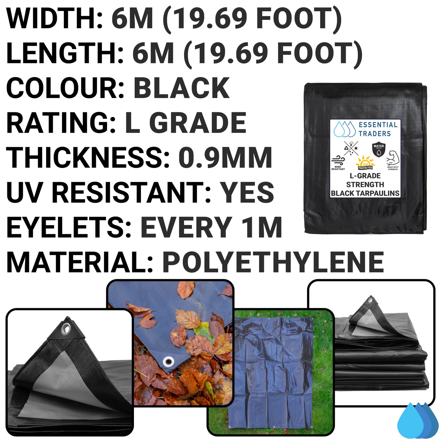 6m x 6m Black & Silver Tarpaulins, L-Grade 220 GSM