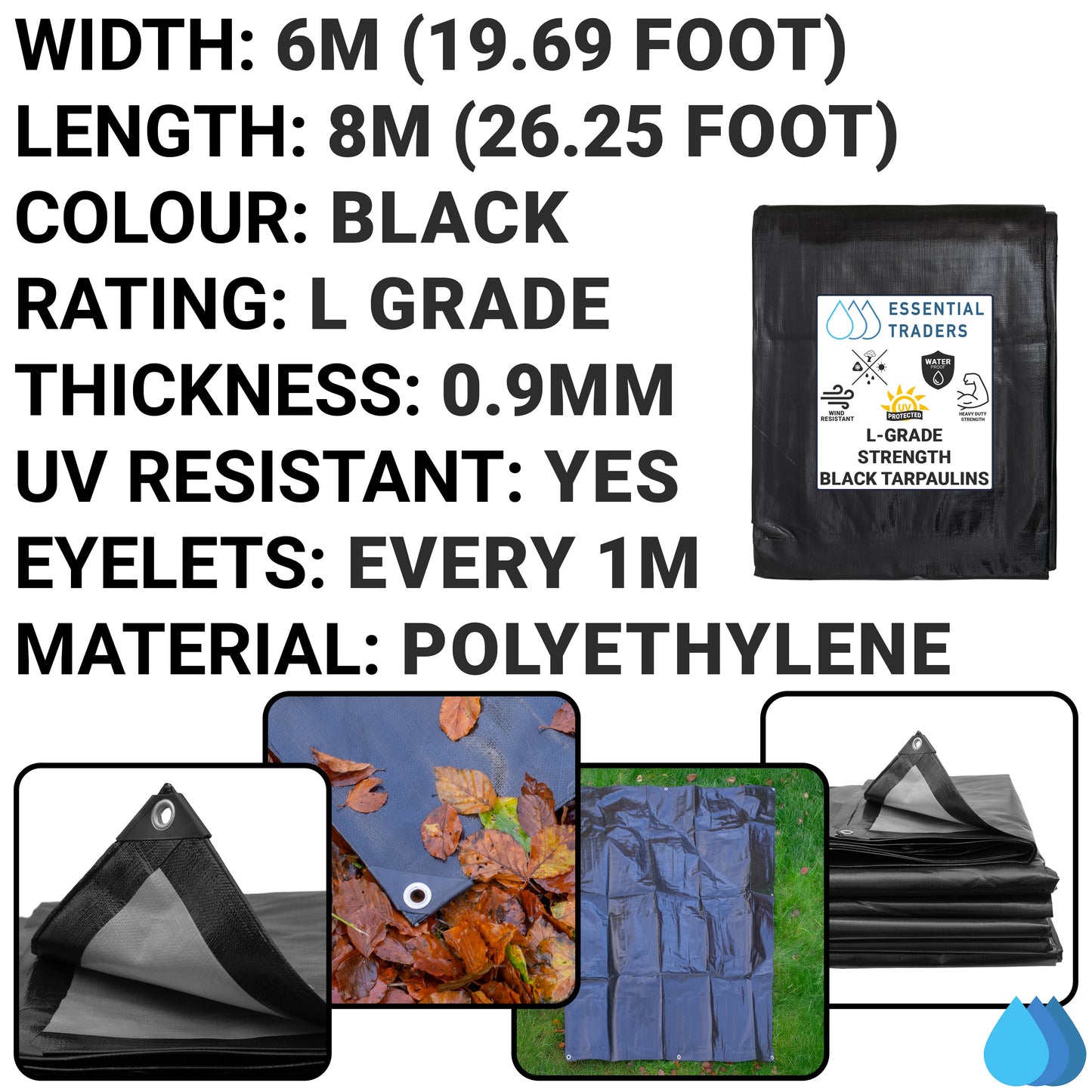 6m x 8m Black & Silver Tarpaulins, L-Grade 220 GSM