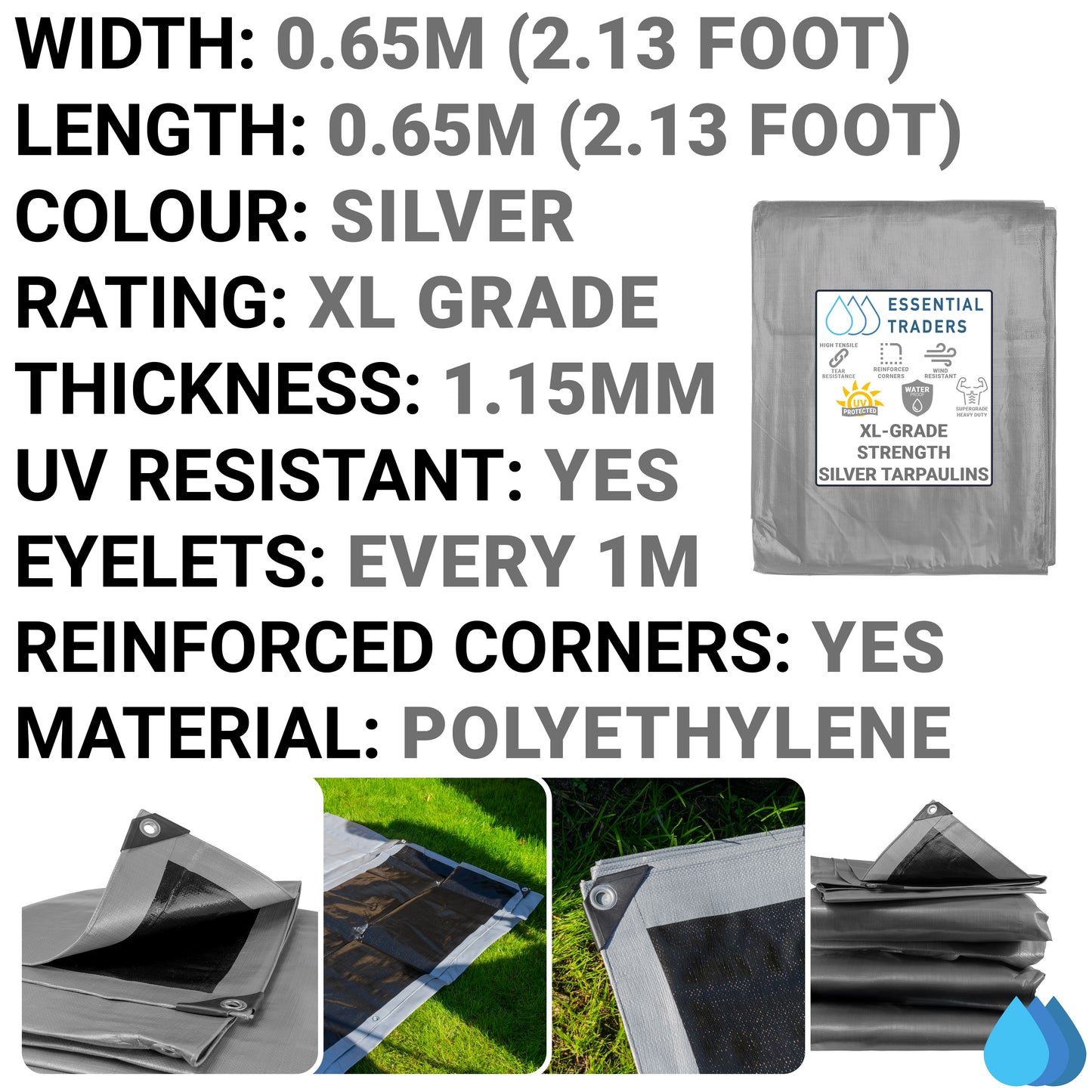0.65m x 0.65m Silver Tarpaulins, XL-Grade 260 GSM