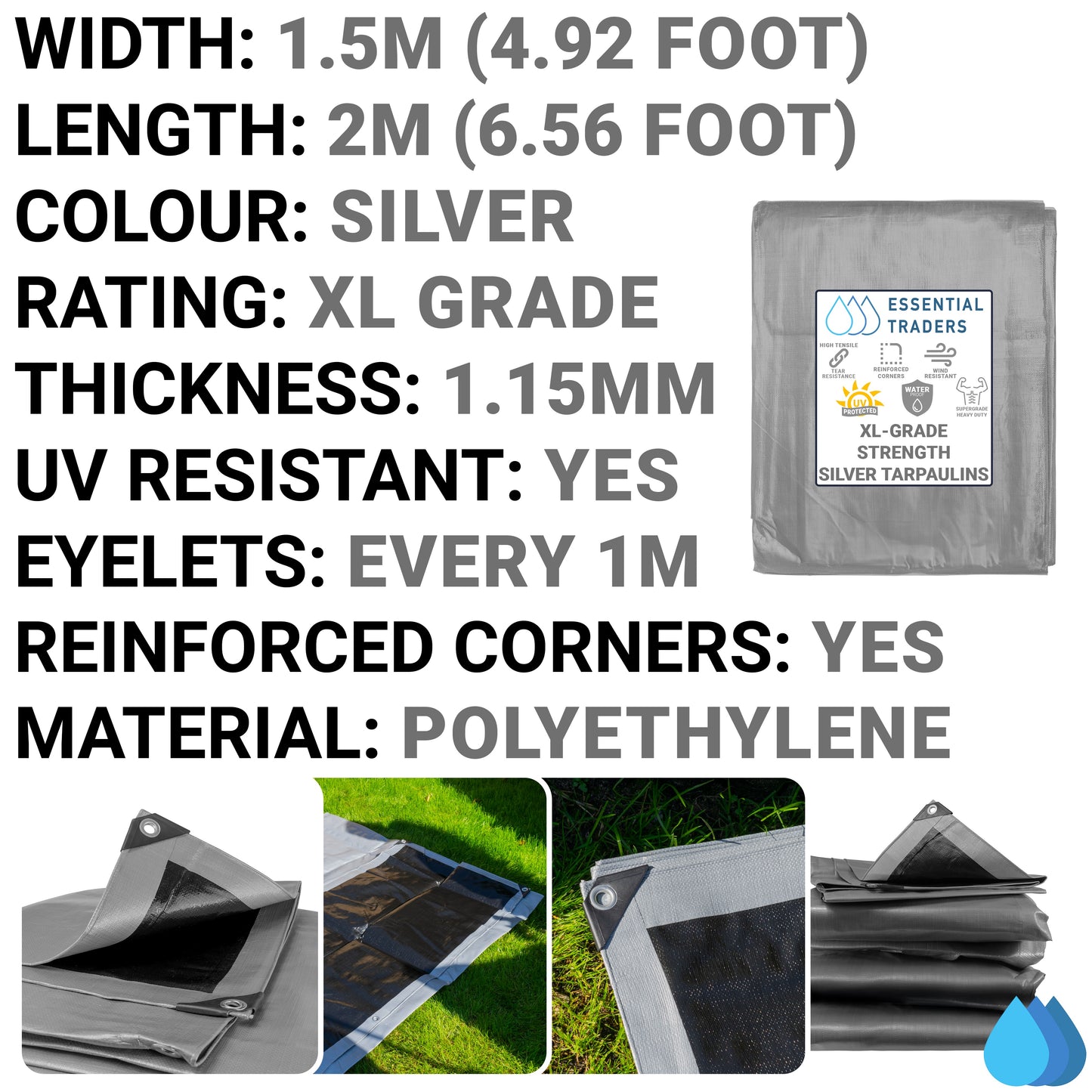 1.5m x 2m Silver Tarpaulins, XL-Grade 260 GSM