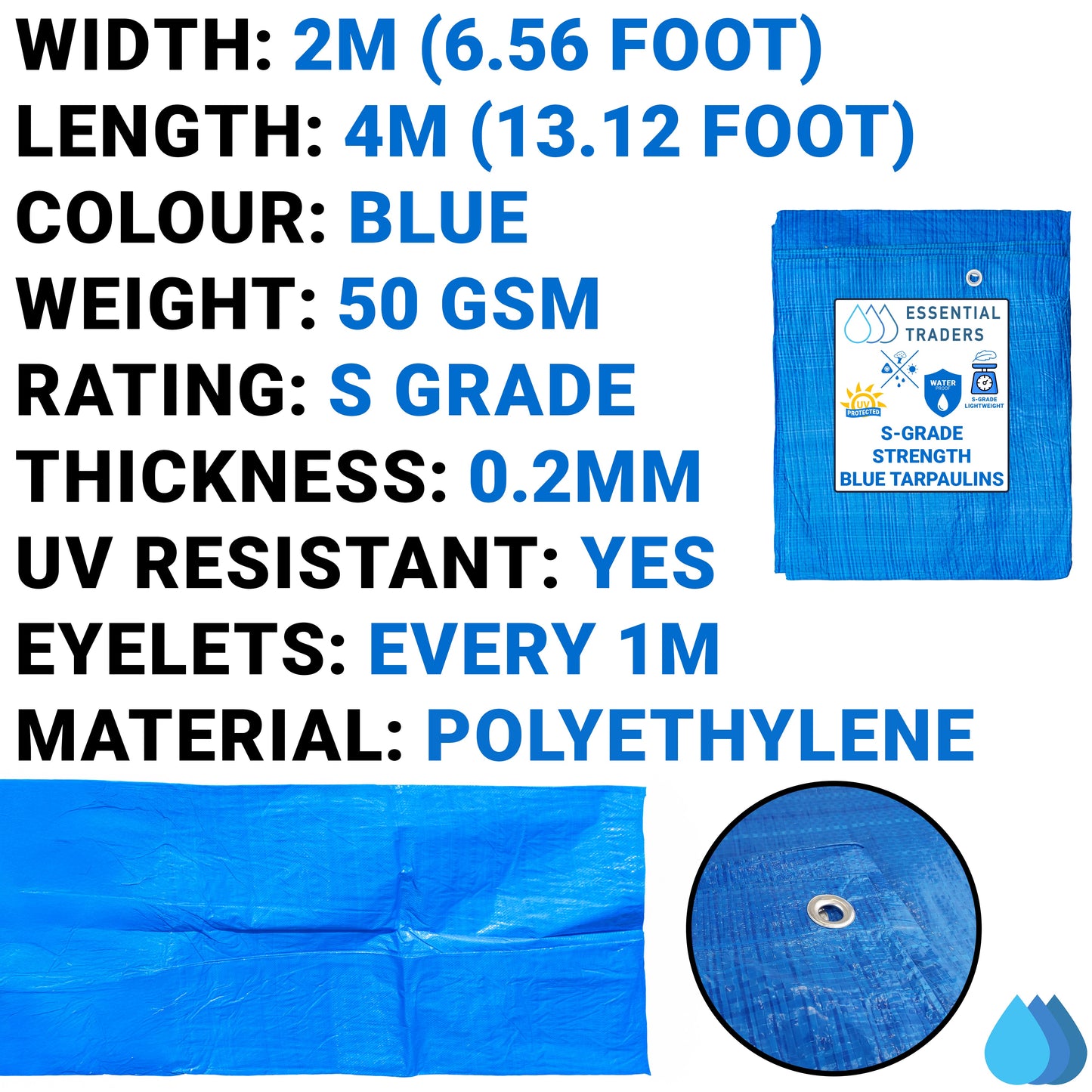 2m x 4m Blue Tarpaulins, S-Grade 50 GSM