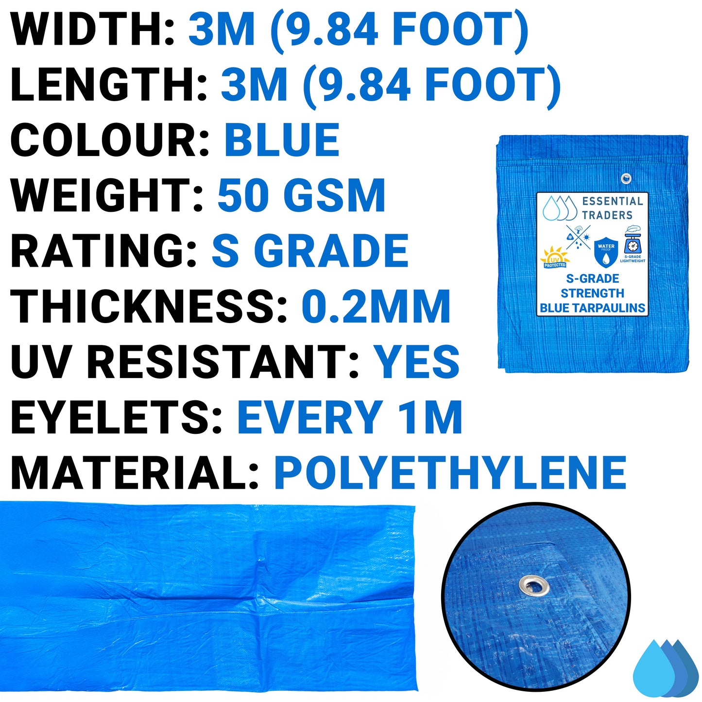 3m x 3m Blue Tarpaulins, S-Grade 50 GSM