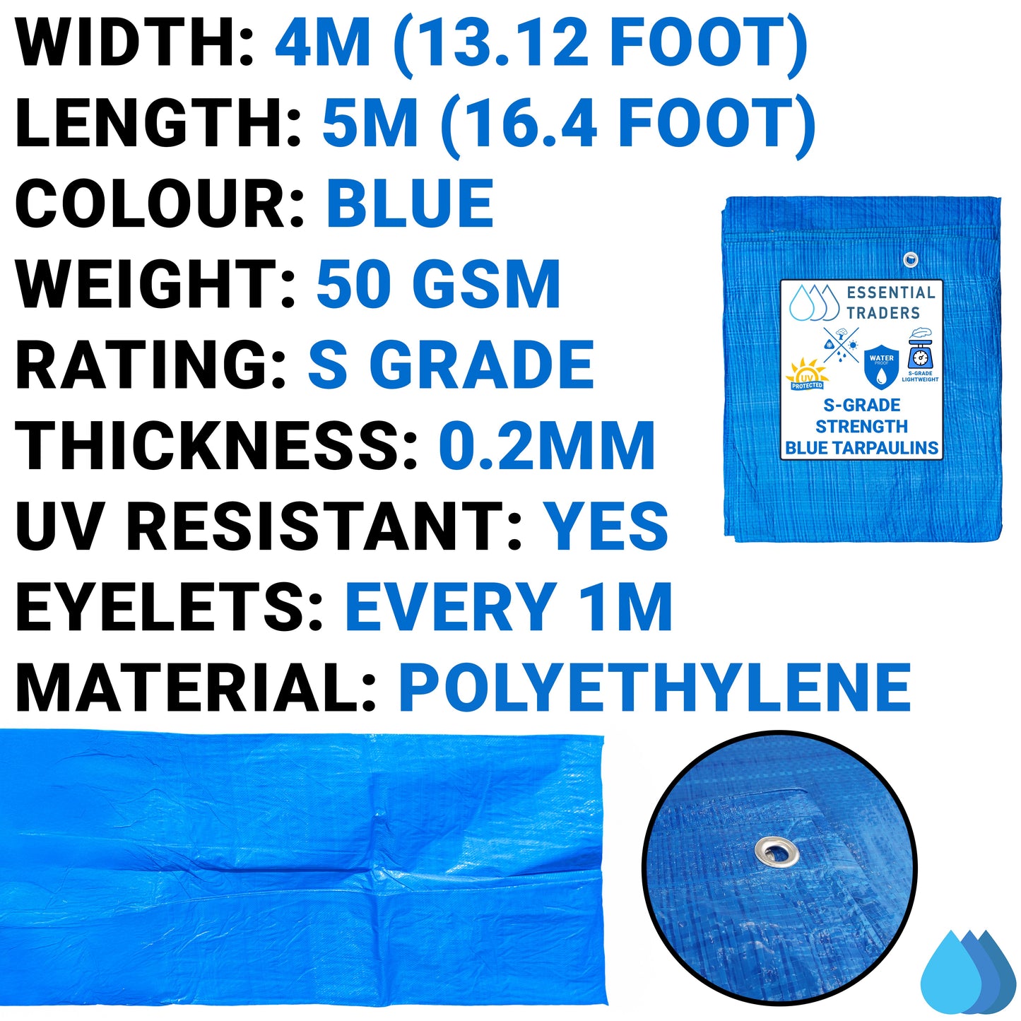4m x 5m Blue Tarpaulins, S-Grade 50 GSM