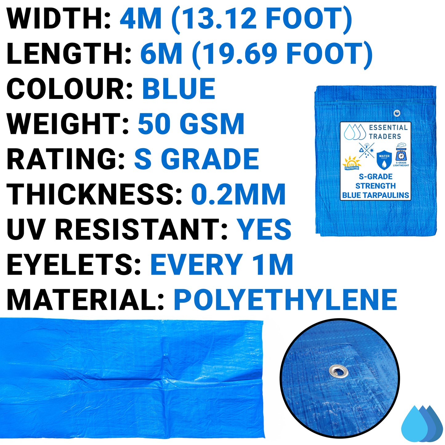 4m x 6m Blue Tarpaulins, S-Grade 50 GSM
