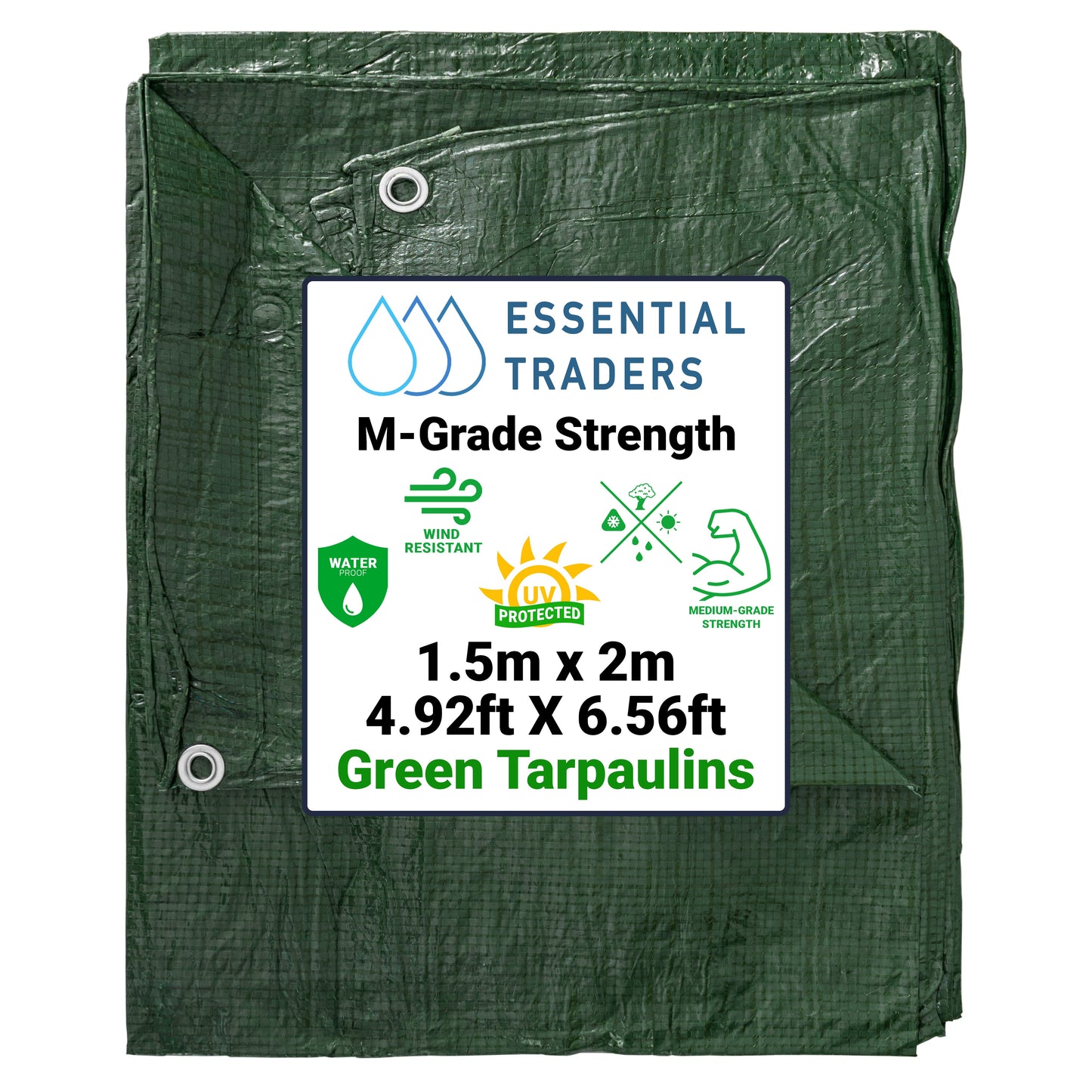1.5m x 2m Green Tarpaulins, M-Grade 90 GSM