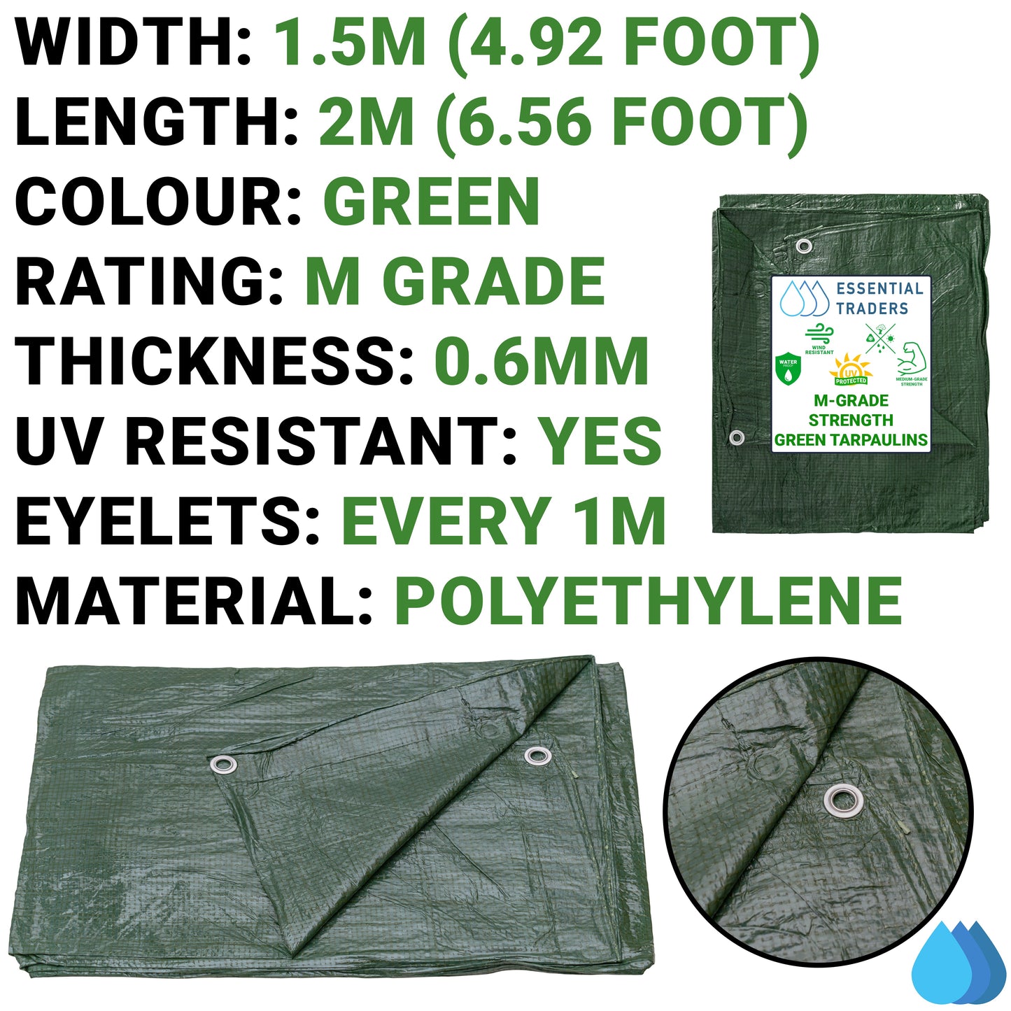 1.5m x 2m Green Tarpaulins, M-Grade 90 GSM