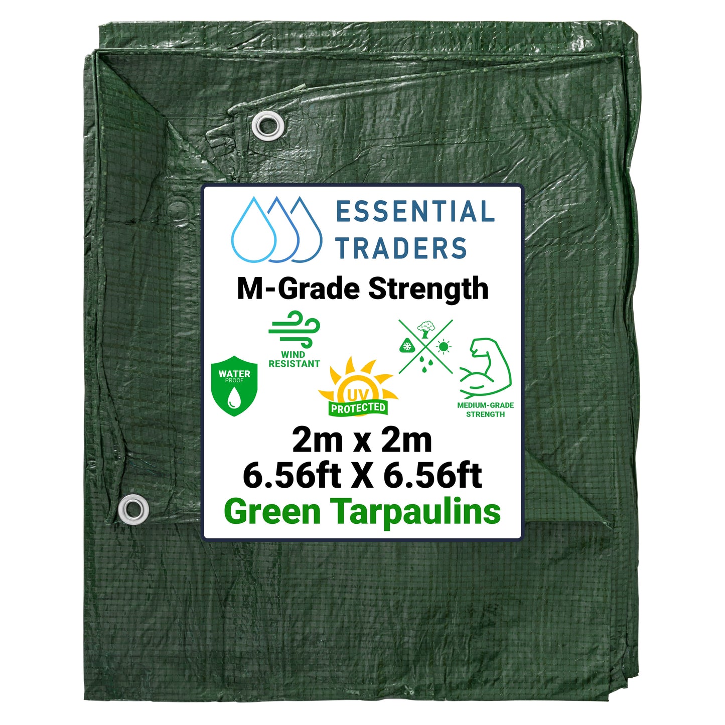 2m x 2m Green Tarpaulins, M-Grade 90 GSM