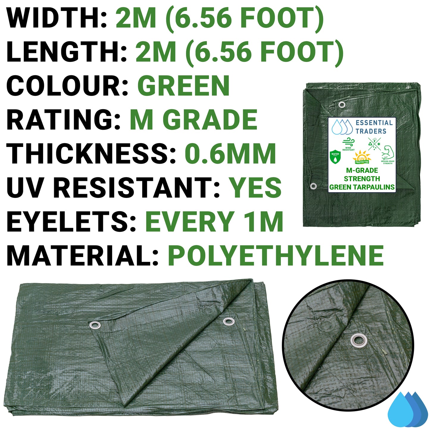 2m x 2m Green Tarpaulins, M-Grade 90 GSM