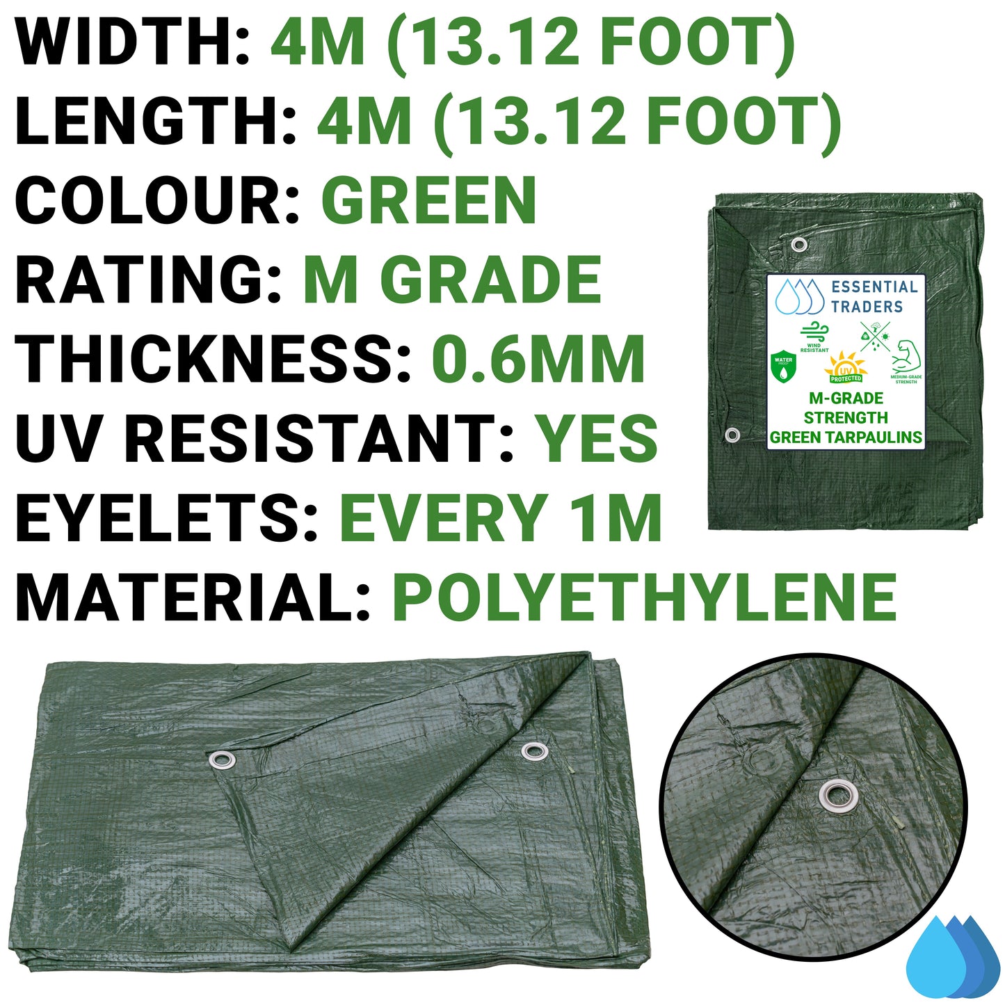 4m x 4m Green Tarpaulins, M-Grade 90 GSM