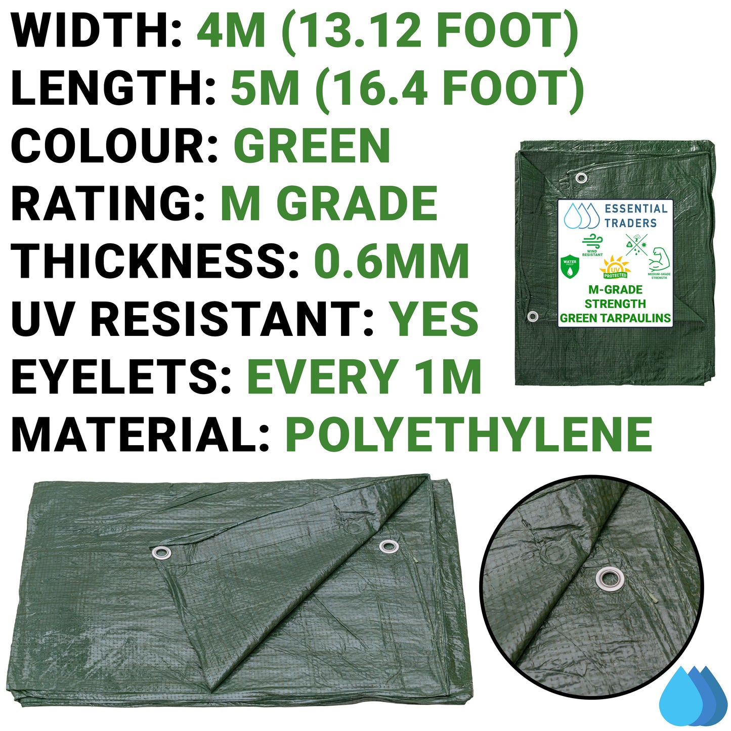 4m x 5m Green Tarpaulins, M-Grade 90 GSM