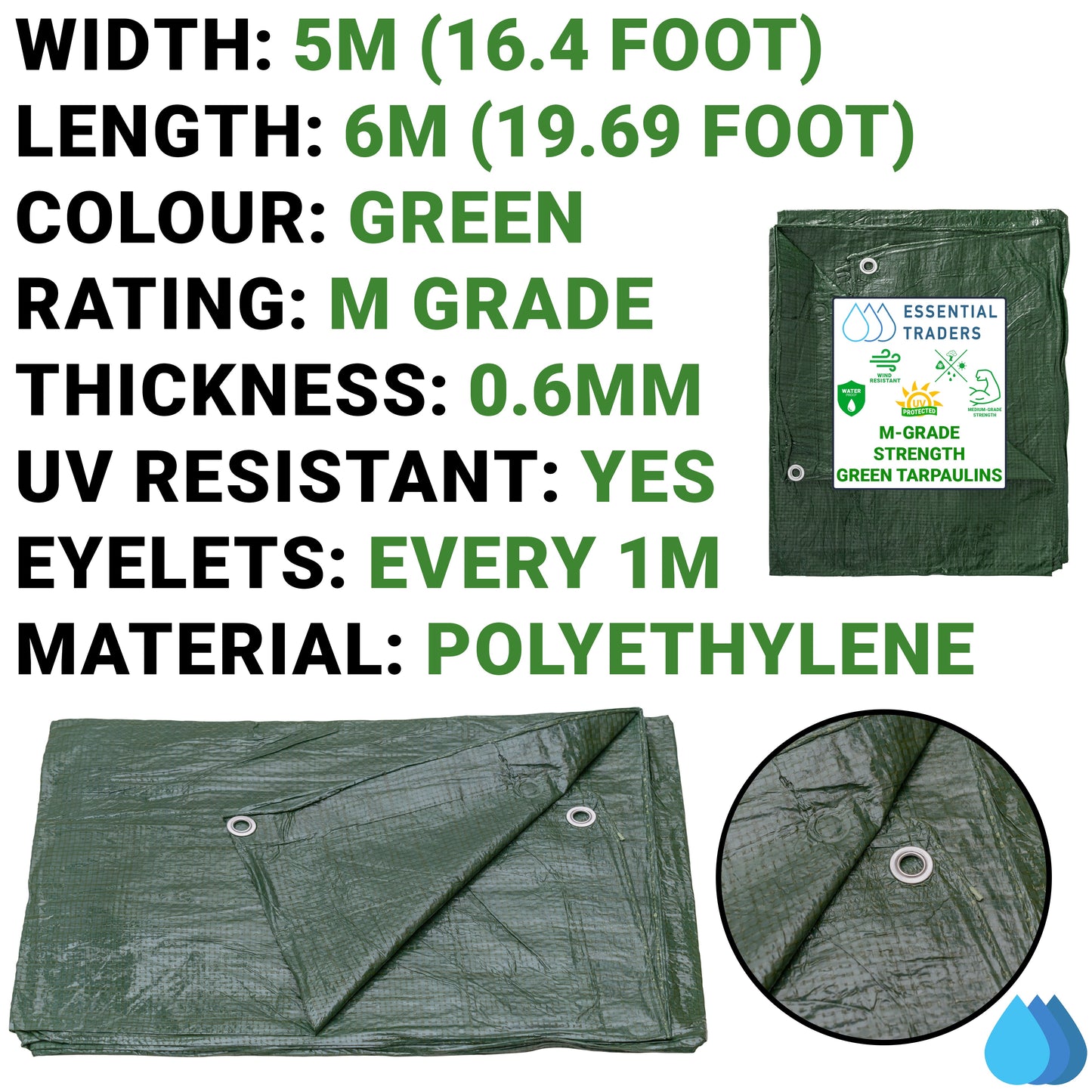 5m x 6m Green Tarpaulins, M-Grade 90 GSM