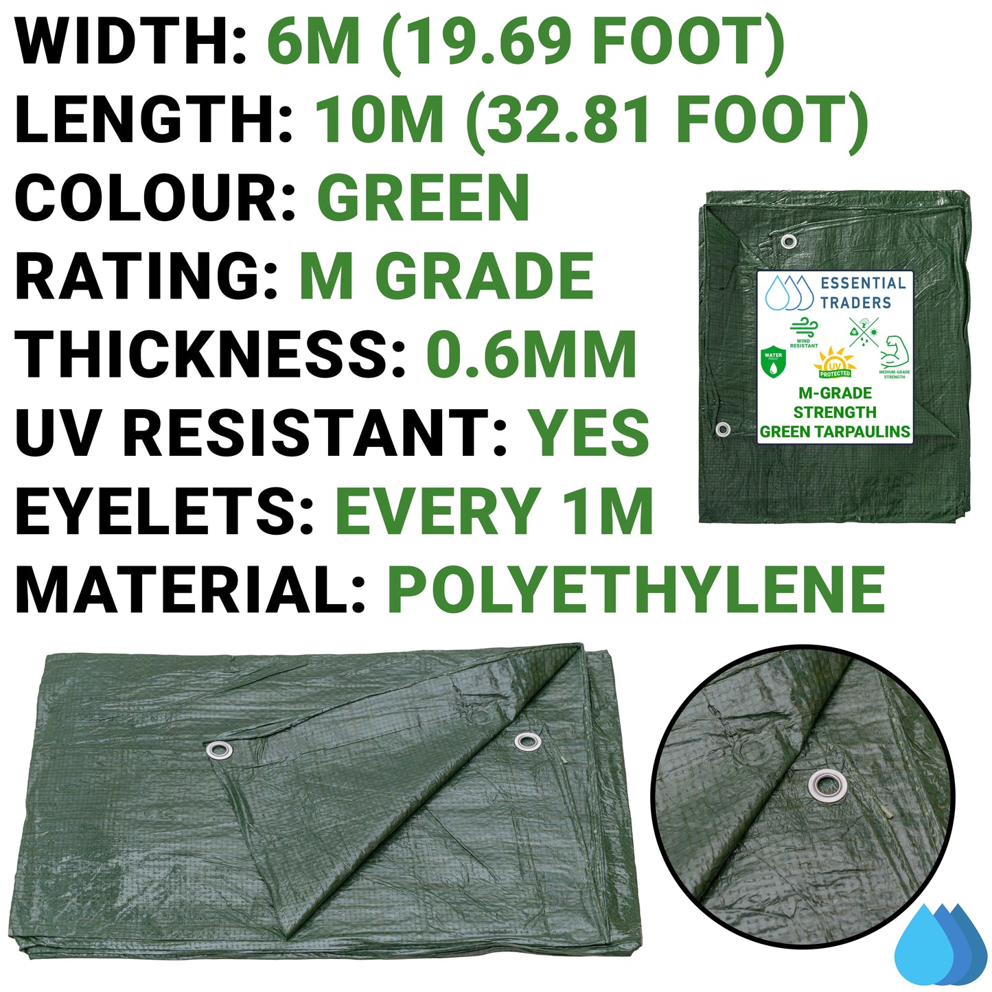 6m x 10m Green Tarpaulins, M-Grade 90 GSM
