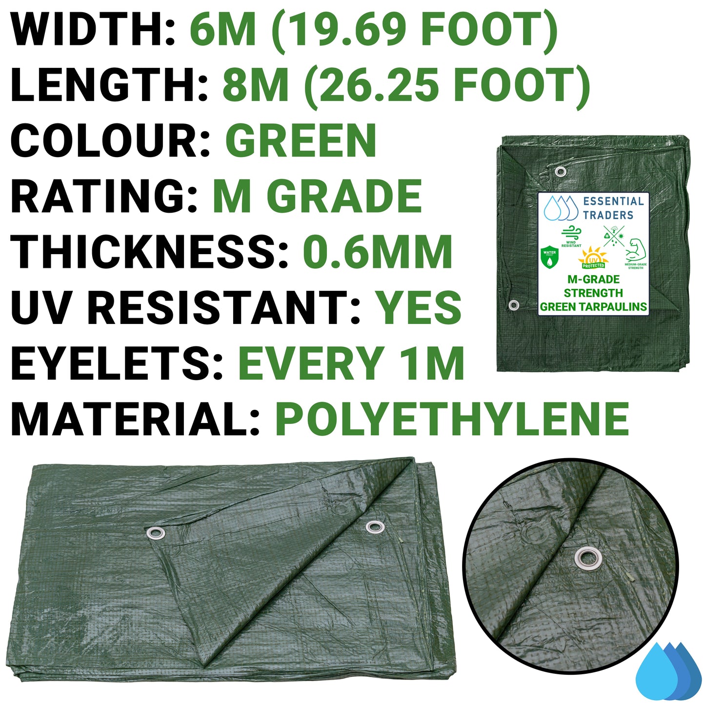 6m x 8m Green Tarpaulins, M-Grade 90 GSM