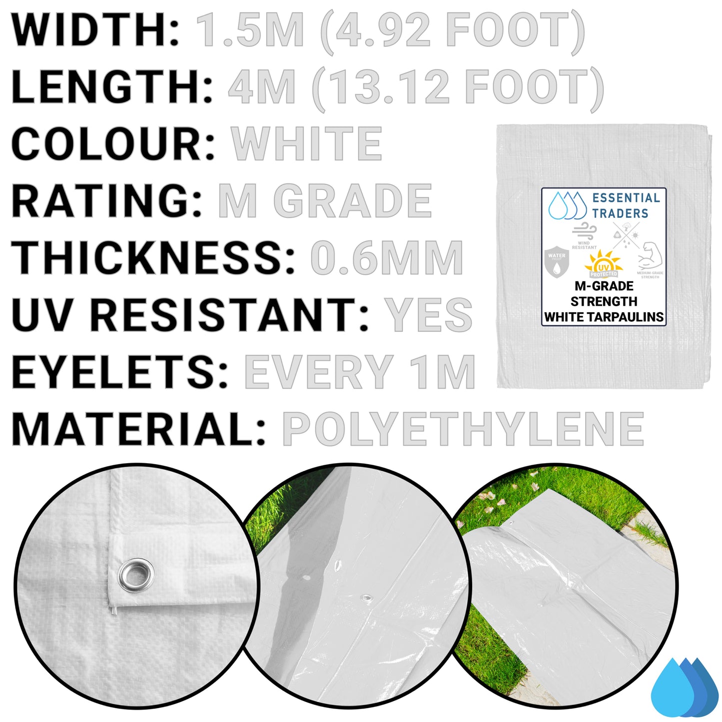 1.5m x 4m White Tarpaulins, M-Grade 90 GSM